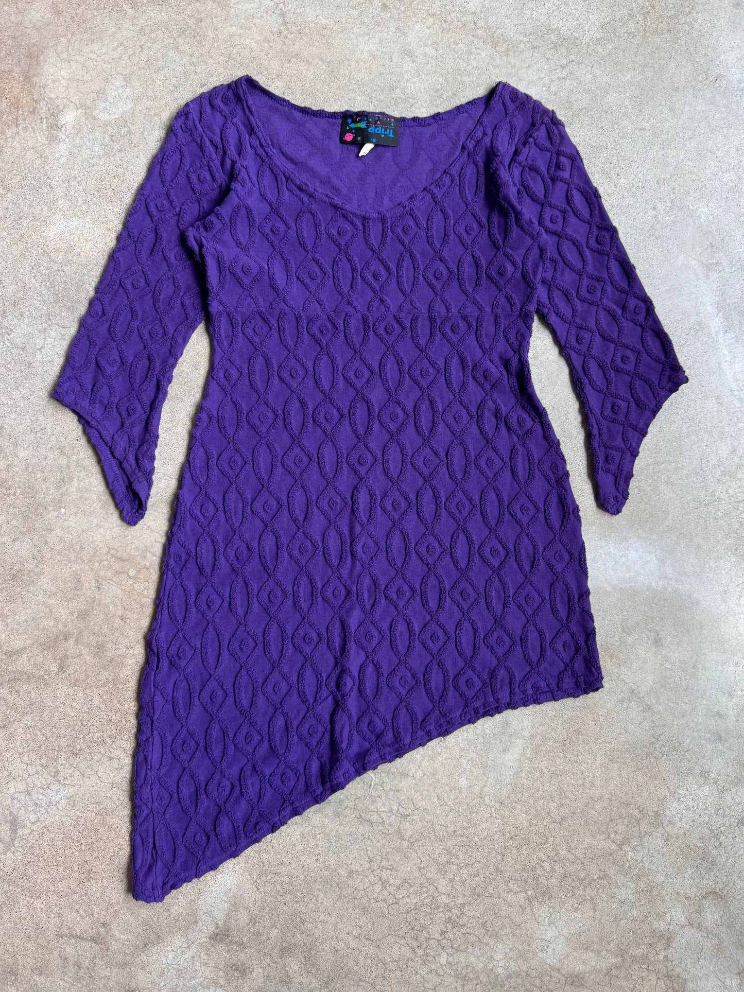 Vintage 1980s Tripp NYC Purple Textured Knit Asymmetric Dress | Medium
