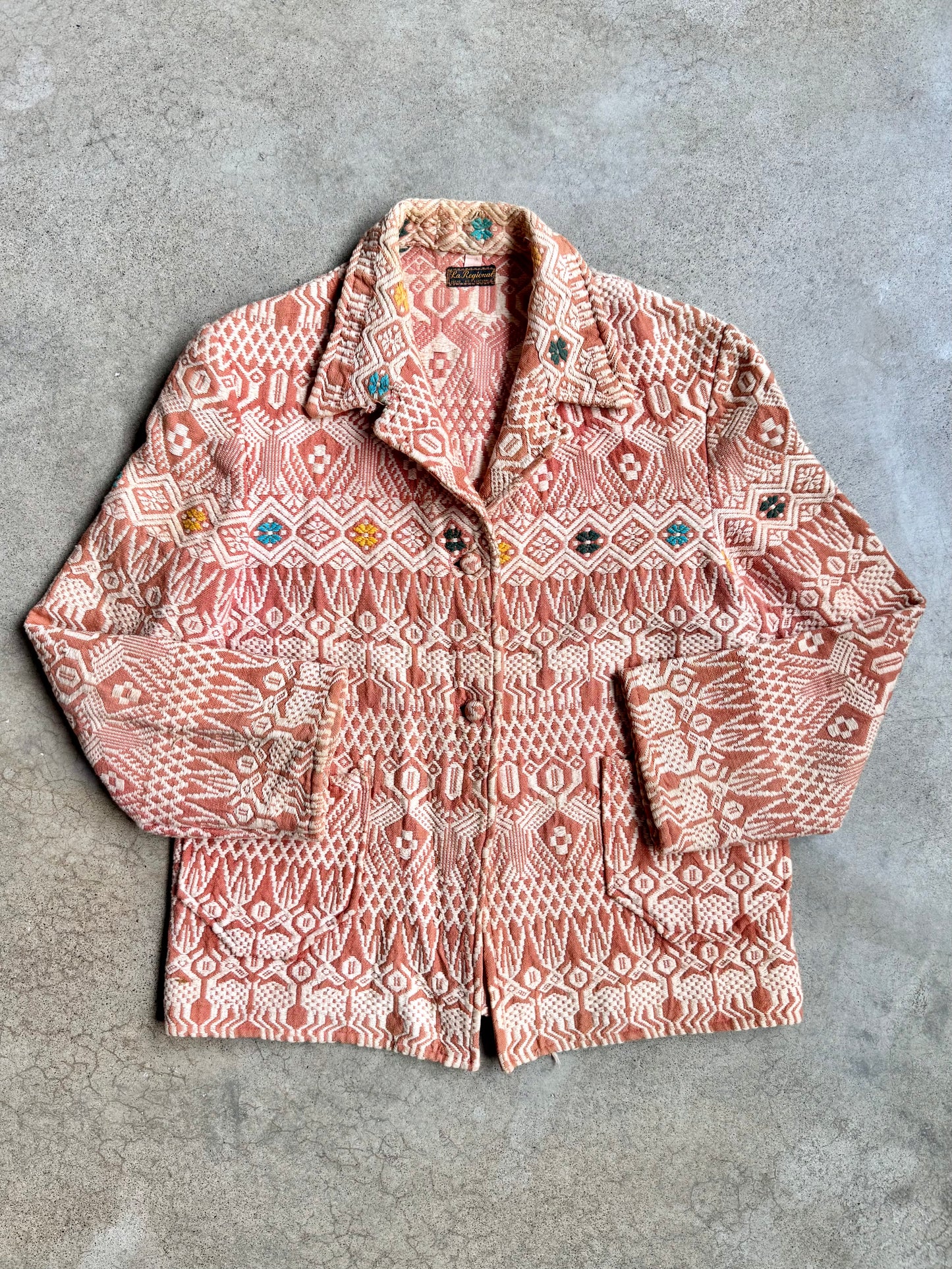 Vintage 1940s La Regional Orange Woven Cotton Guatemalan Chore Coat | Small
