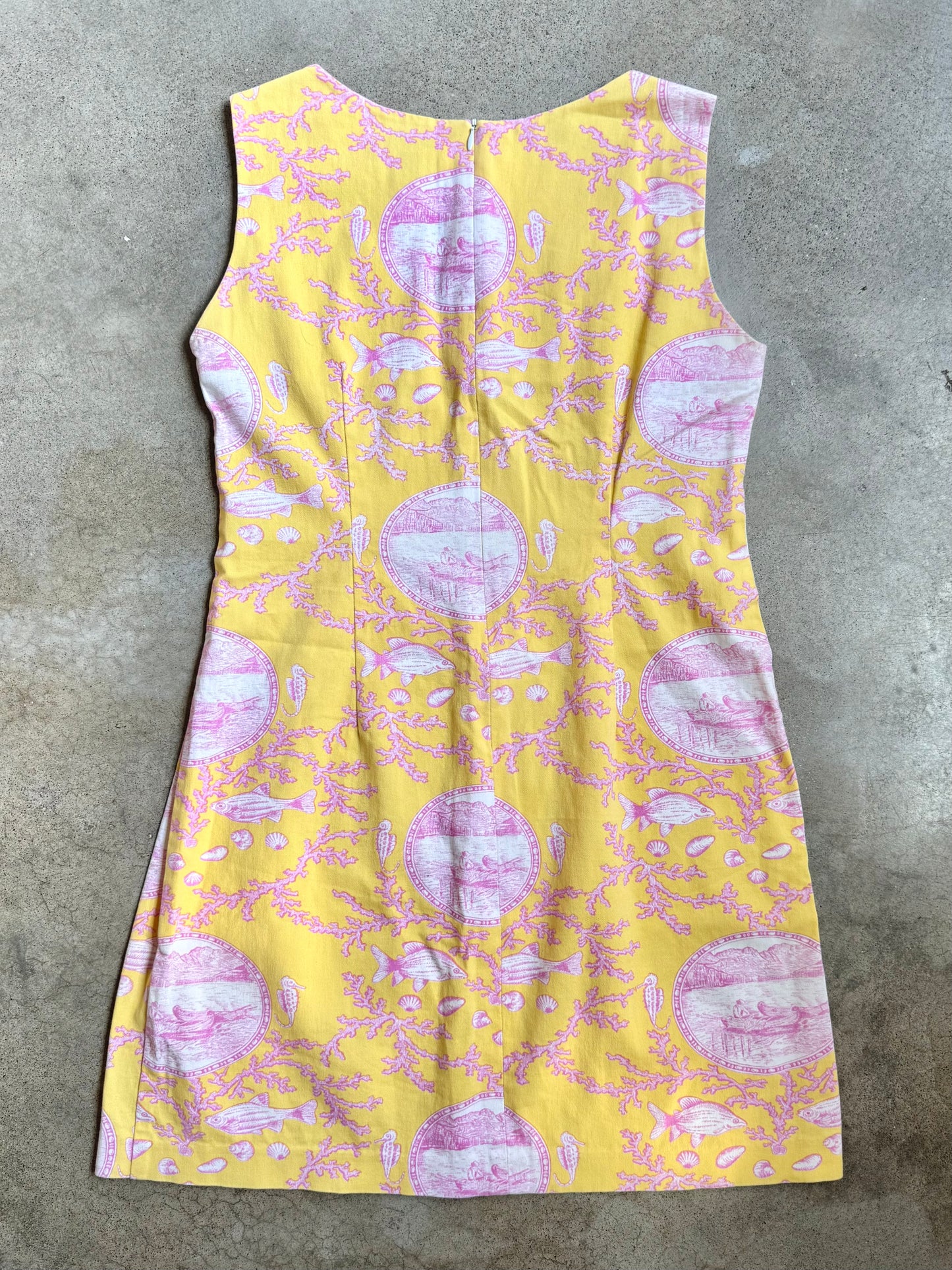 2000s Leggiadro Yellow & Pink Ocean Toile Print Shift Dress | Medium