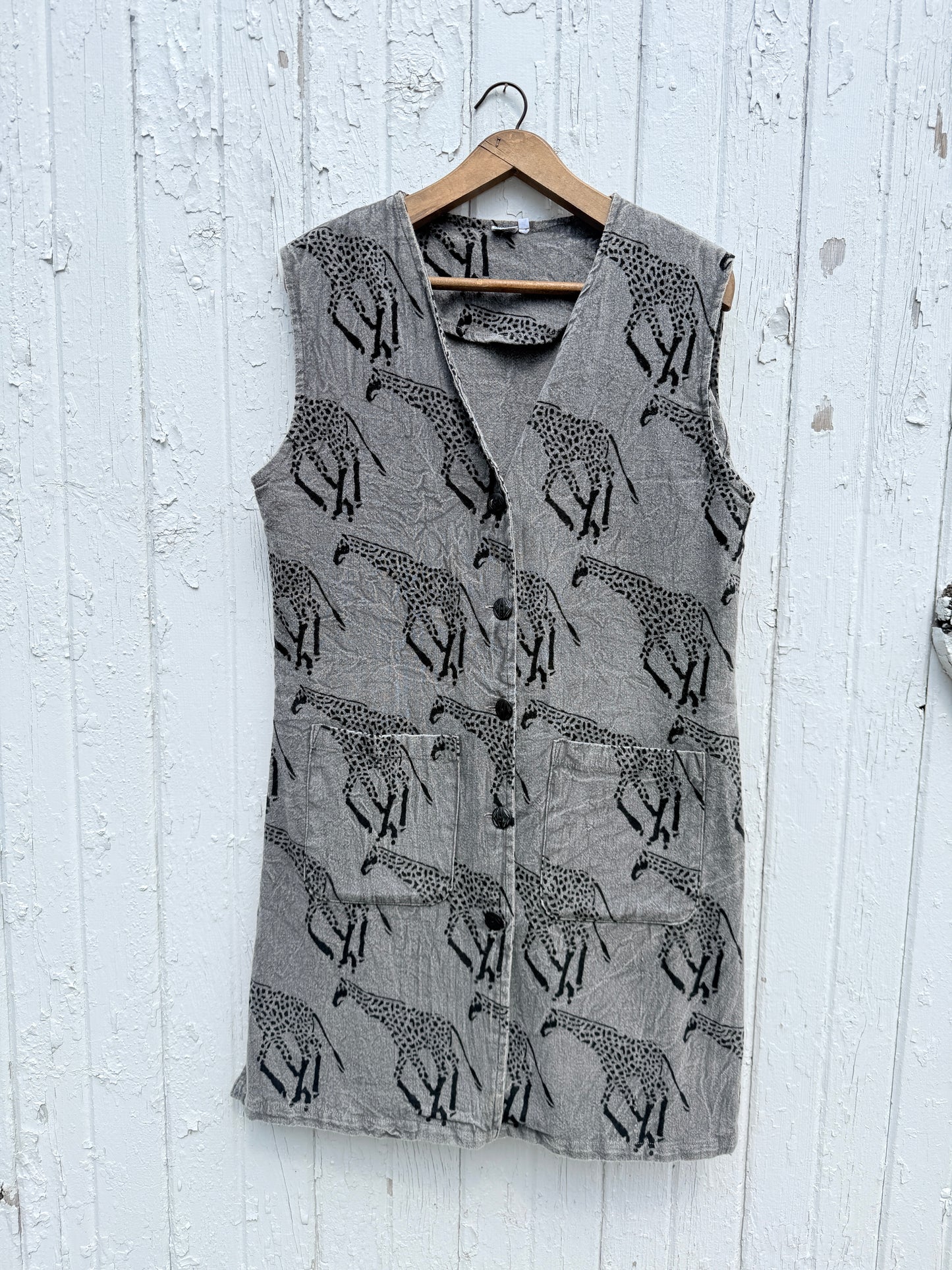 Vintage 1990s Grey Giraffe Print Cotton Sleeveless Button-Front Dress | Small
