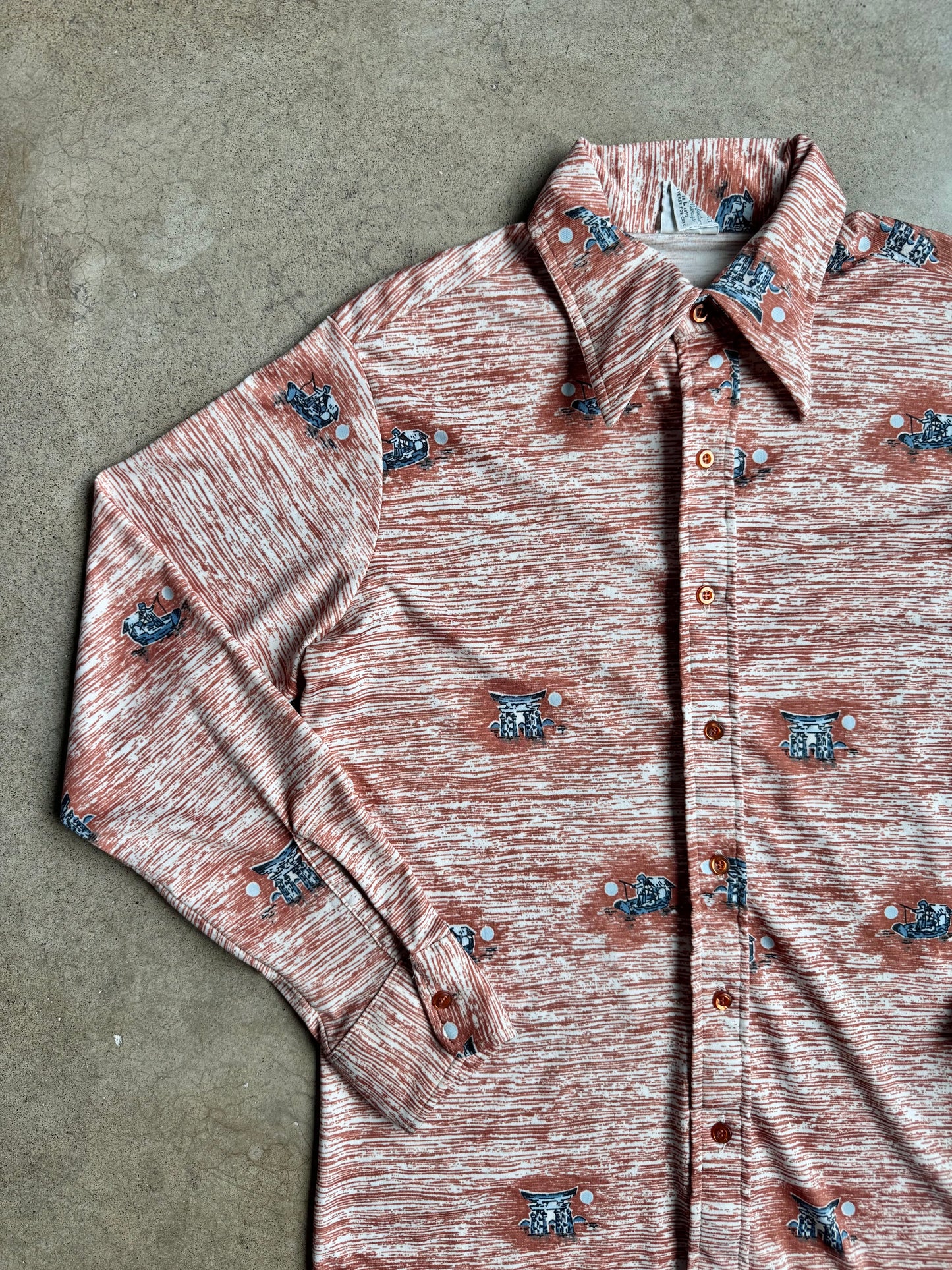 Vintage 1970s Kmart Japanese Torii Gate Printed Polyester Shirt | Large