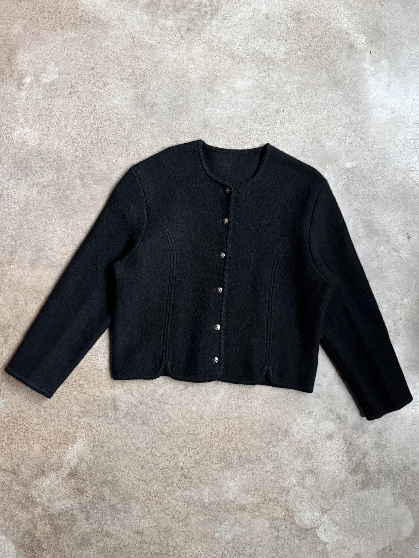 Vintage 1980s Black Wool Buttoned Short Jacket | Large