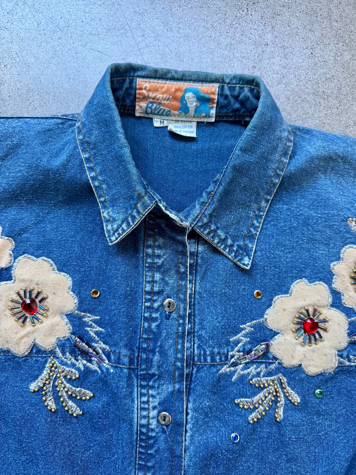 Vintage 1980s Snow Blue Floral Beaded Appliqué Denim Two-Piece Skirt Set | Medium