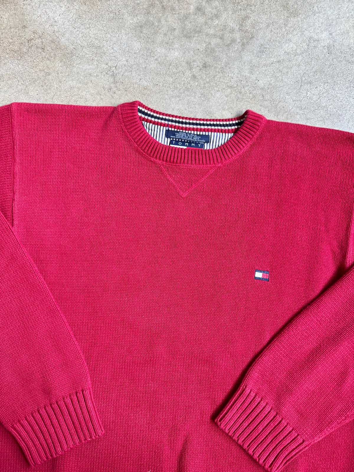 Vintage 1990s Tommy Hilfiger Red Cotton Crewneck Sweater | XL