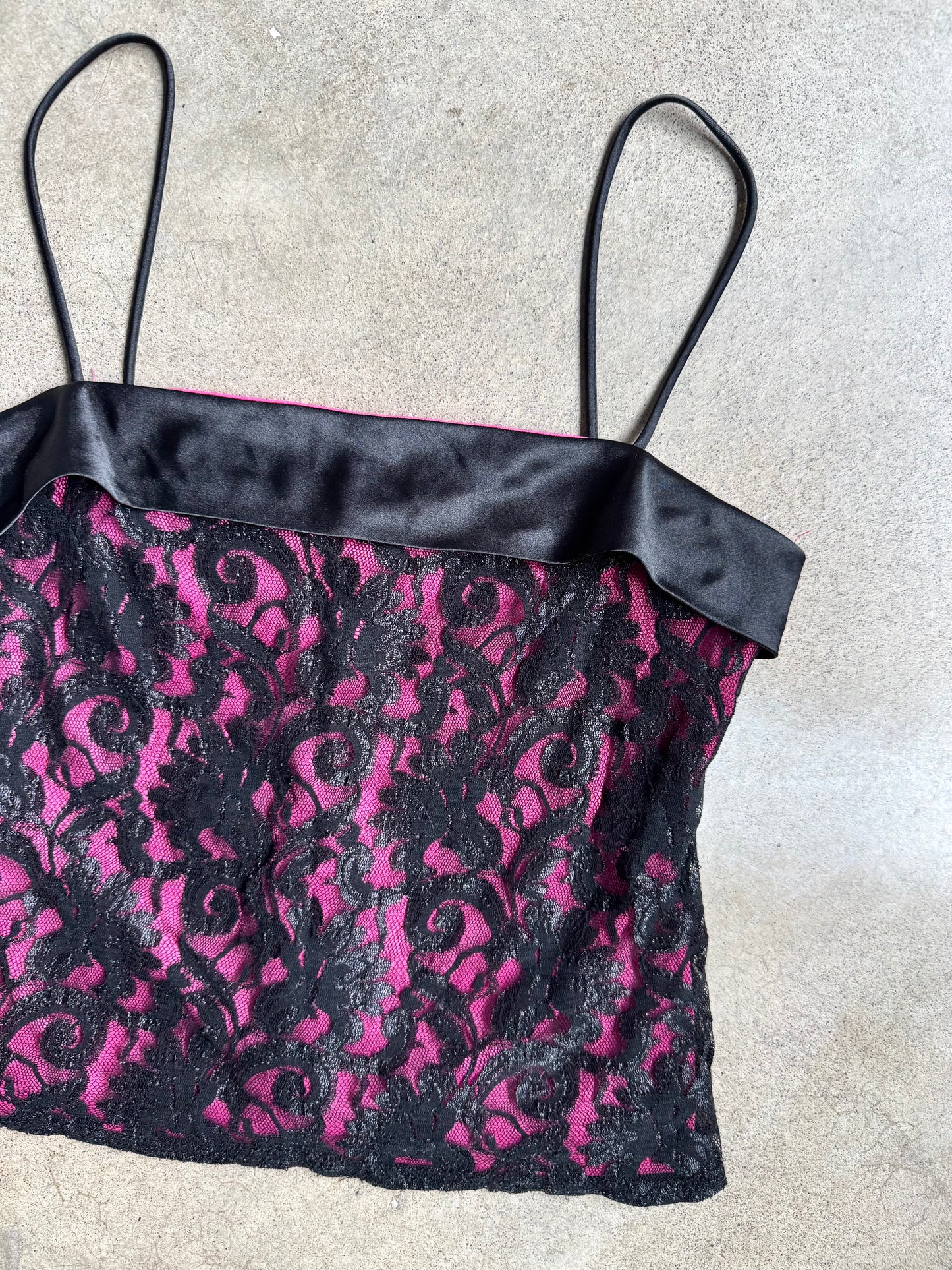 Vintage 1990s Onyx Nite Pink & Black Lace Tank Top | Medium