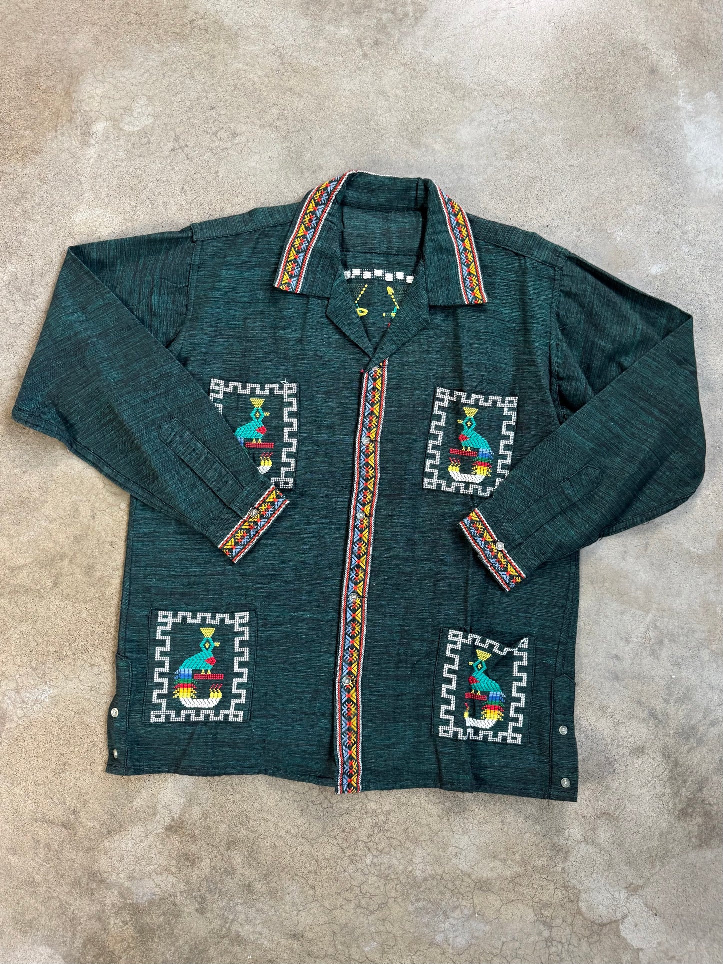 Vintage 1950s Guatemalan Quetzal Bird Hand-Embroidered Cotton Shirt | XXL
