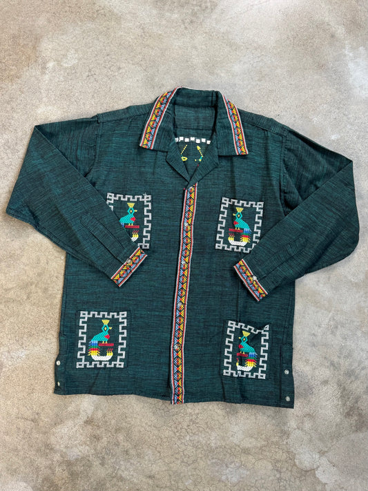 Vintage 1950s Guatemalan Quetzal Bird Hand-Embroidered Cotton Shirt | XXL