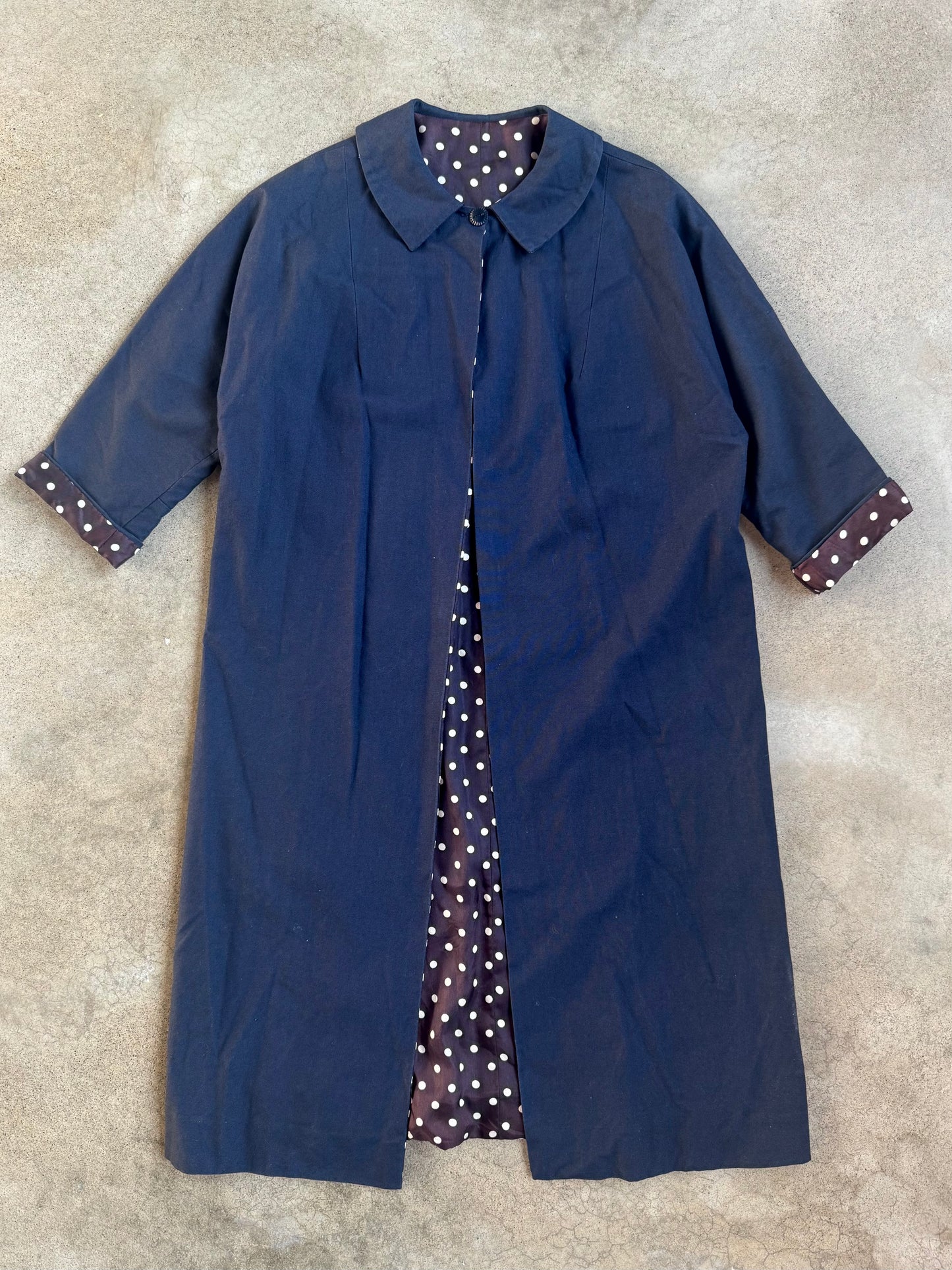 Vintage 1950s Handmade Navy Blue Polka Dot Lined Swing Coat | Small