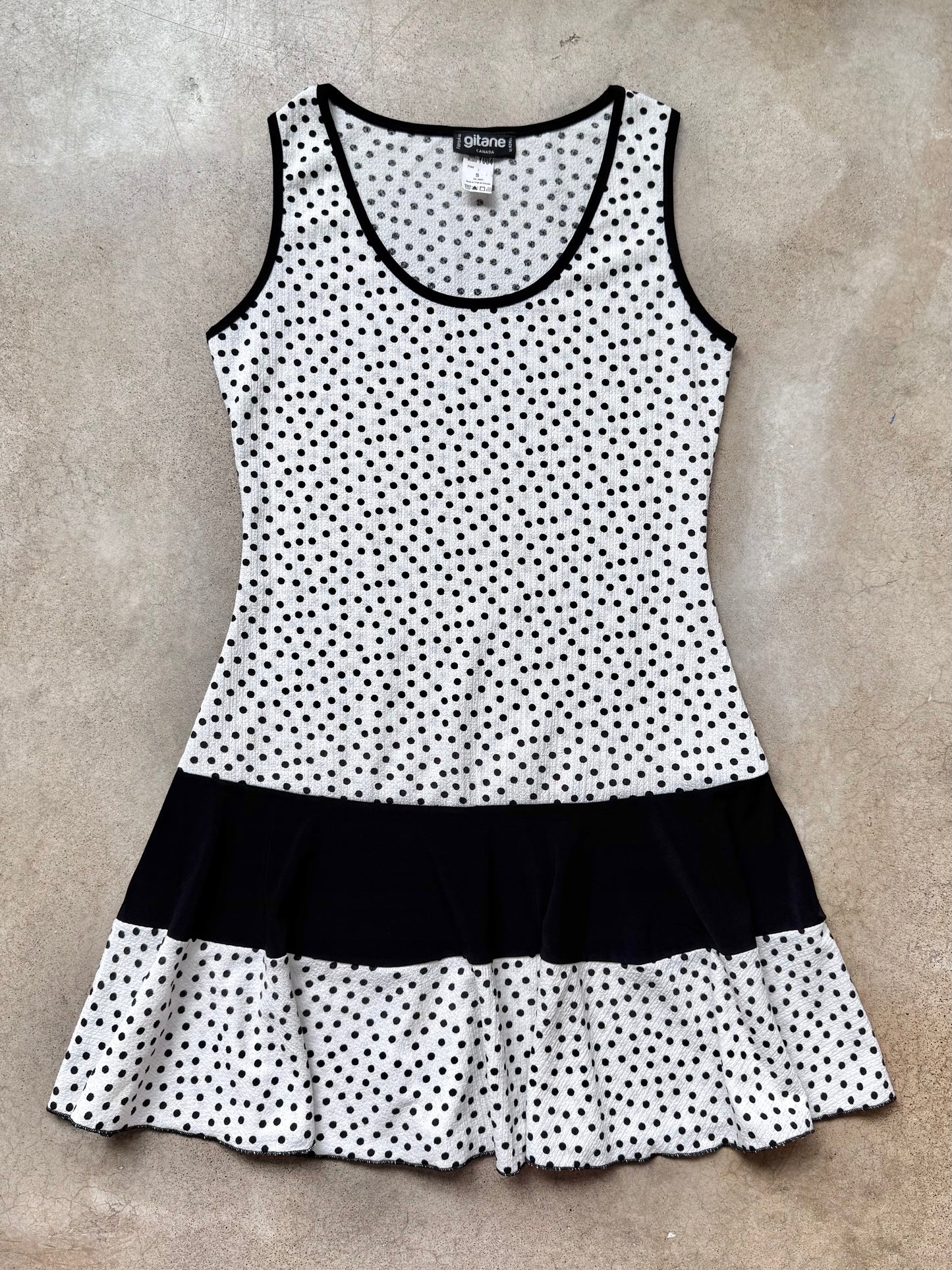 Vintage Gitane Black & White Polka Dot Drop Waist Dress | Small