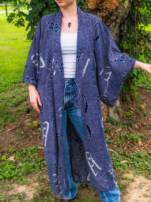 Vintage Japanese Calligraphy Pattern Cotton Yukata Kimono | Large