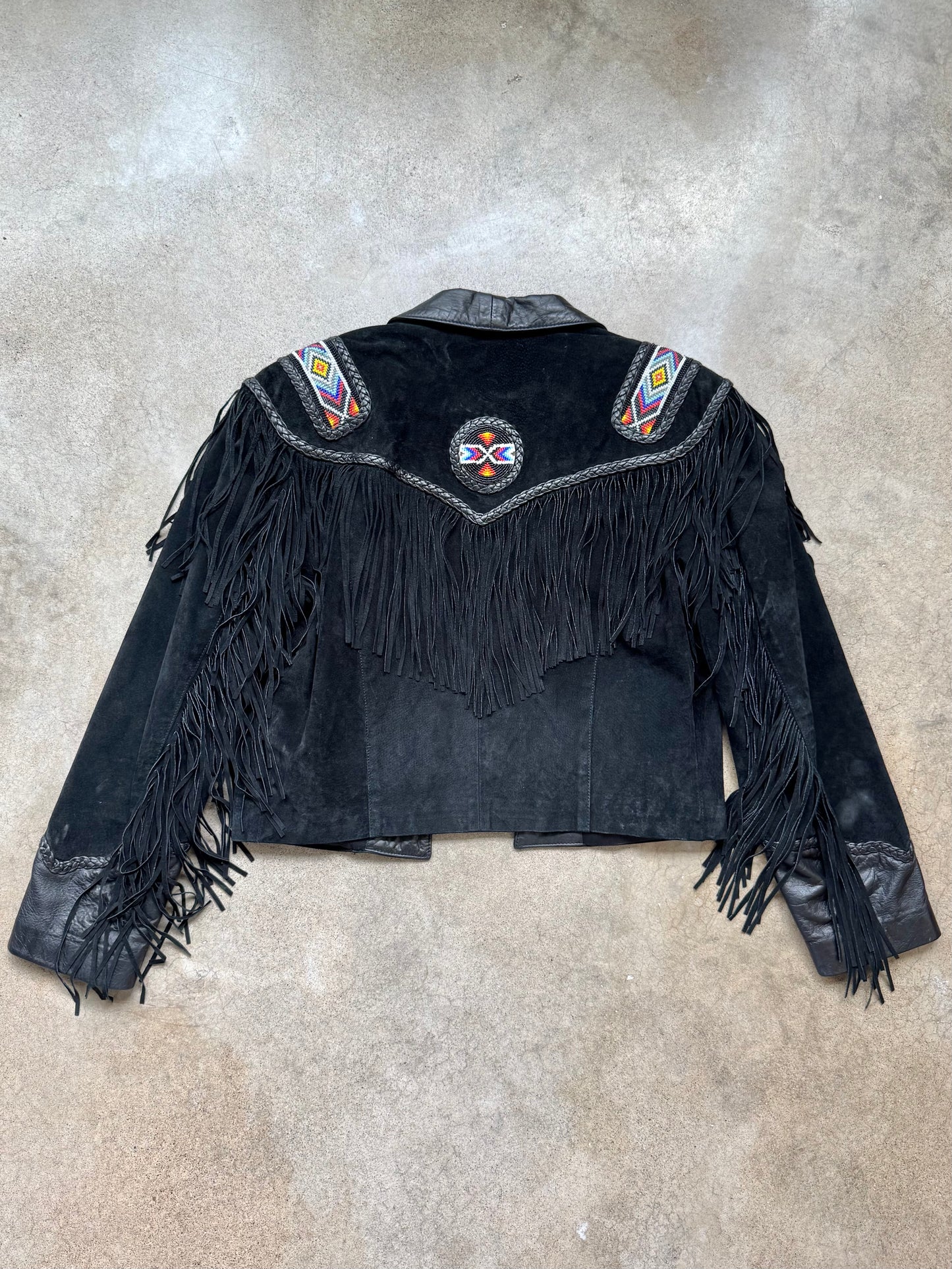 Vintage 1980s Frontier Collection Black Suede Leather Beaded Fringe Western Jacket | Medium