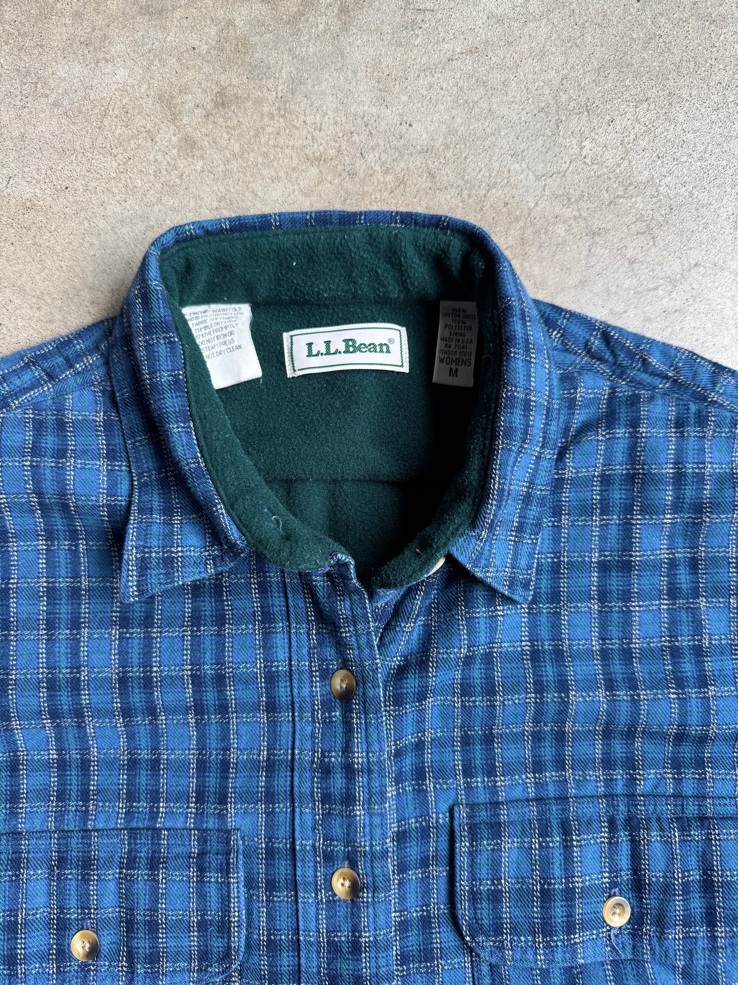 Vintage 1990s L.L. Bean Blue Plaid Fleece Lined Flannel Shirt | Medium