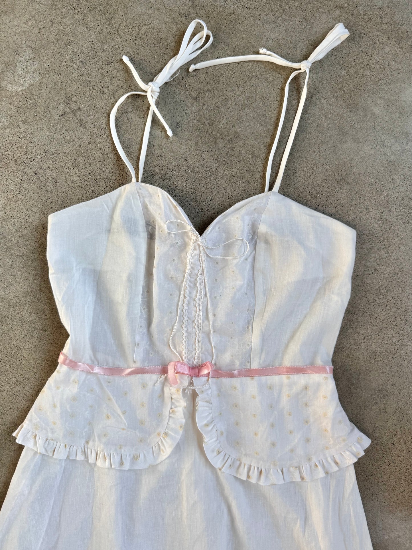 Vintage 1970s White & Pink Floral Embroidered Tie-Strap Prairie Dress | XS/S