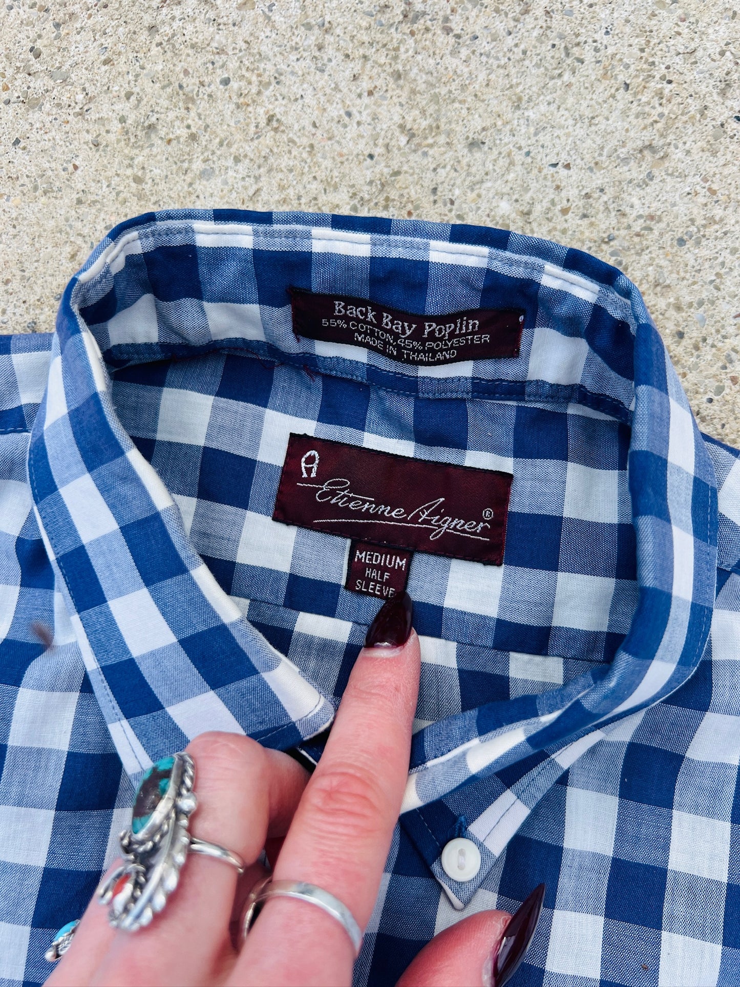 Vintage 1980s Etienne Aigner Blue Gingham Short Sleeve Button Down Shirt | Medium