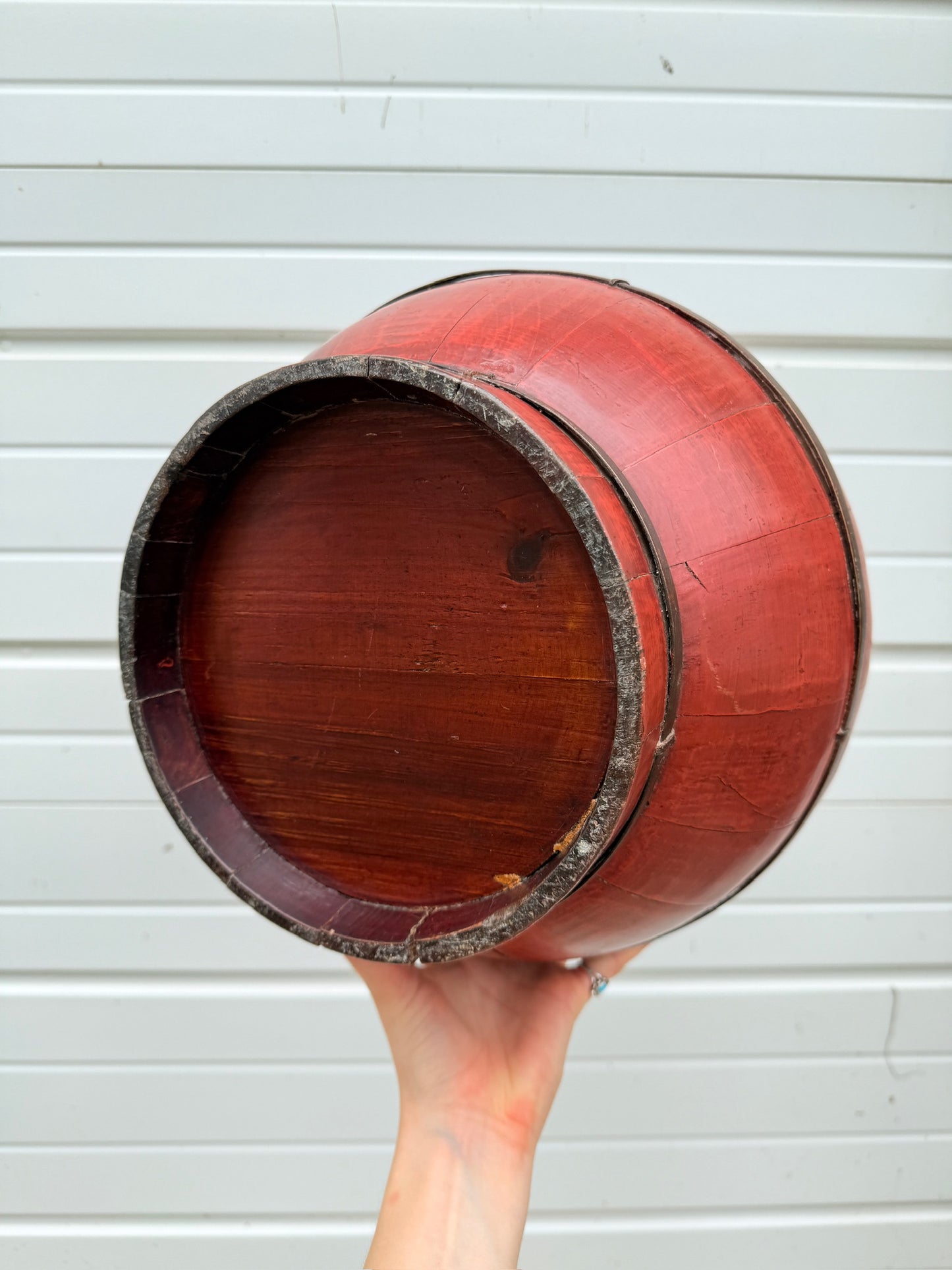 Antique Chinese Red Laquered Wood Rice Box