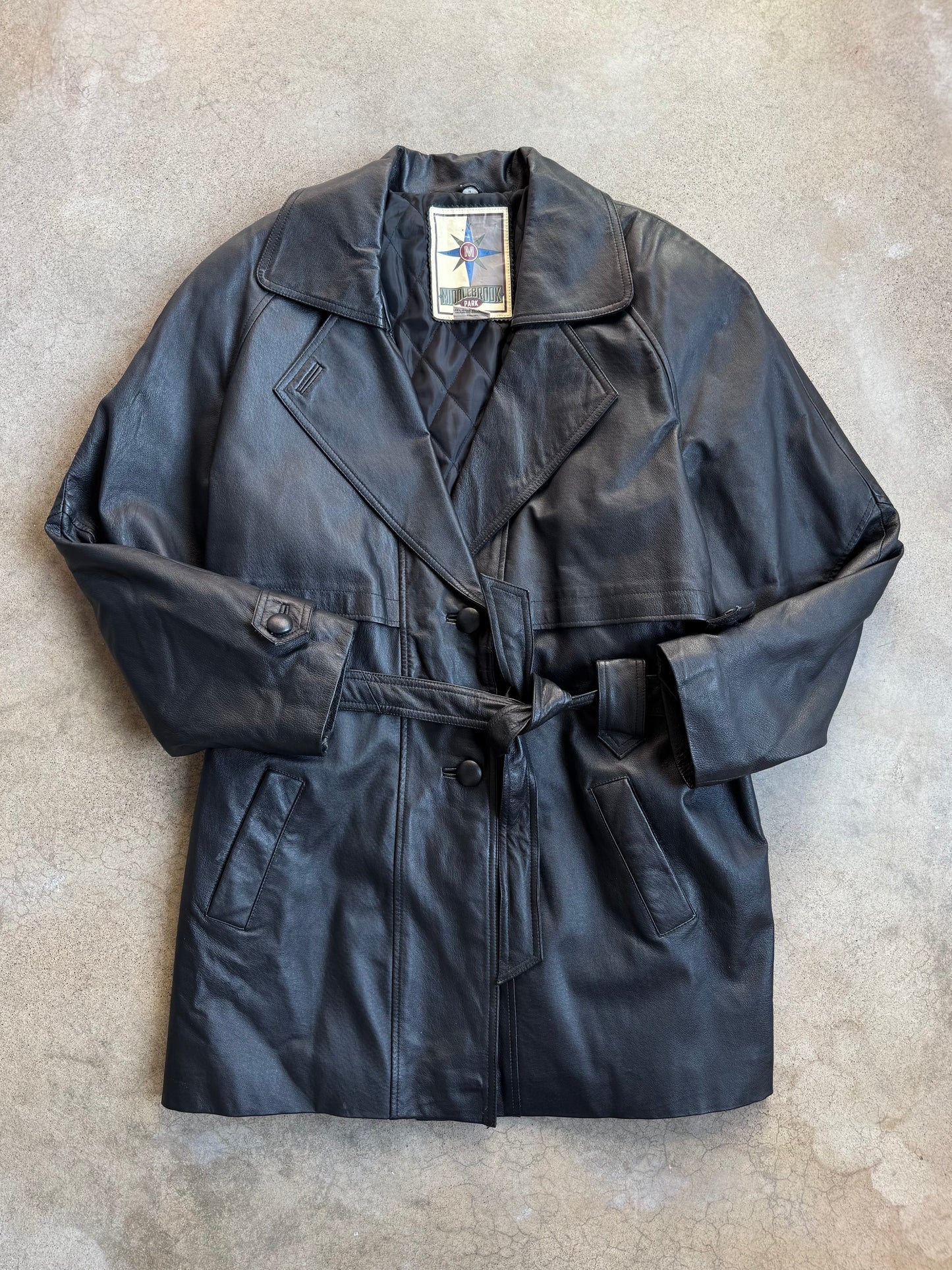 Vintage 1980s Middlebrook Park Black Leather Belted Coat | Large