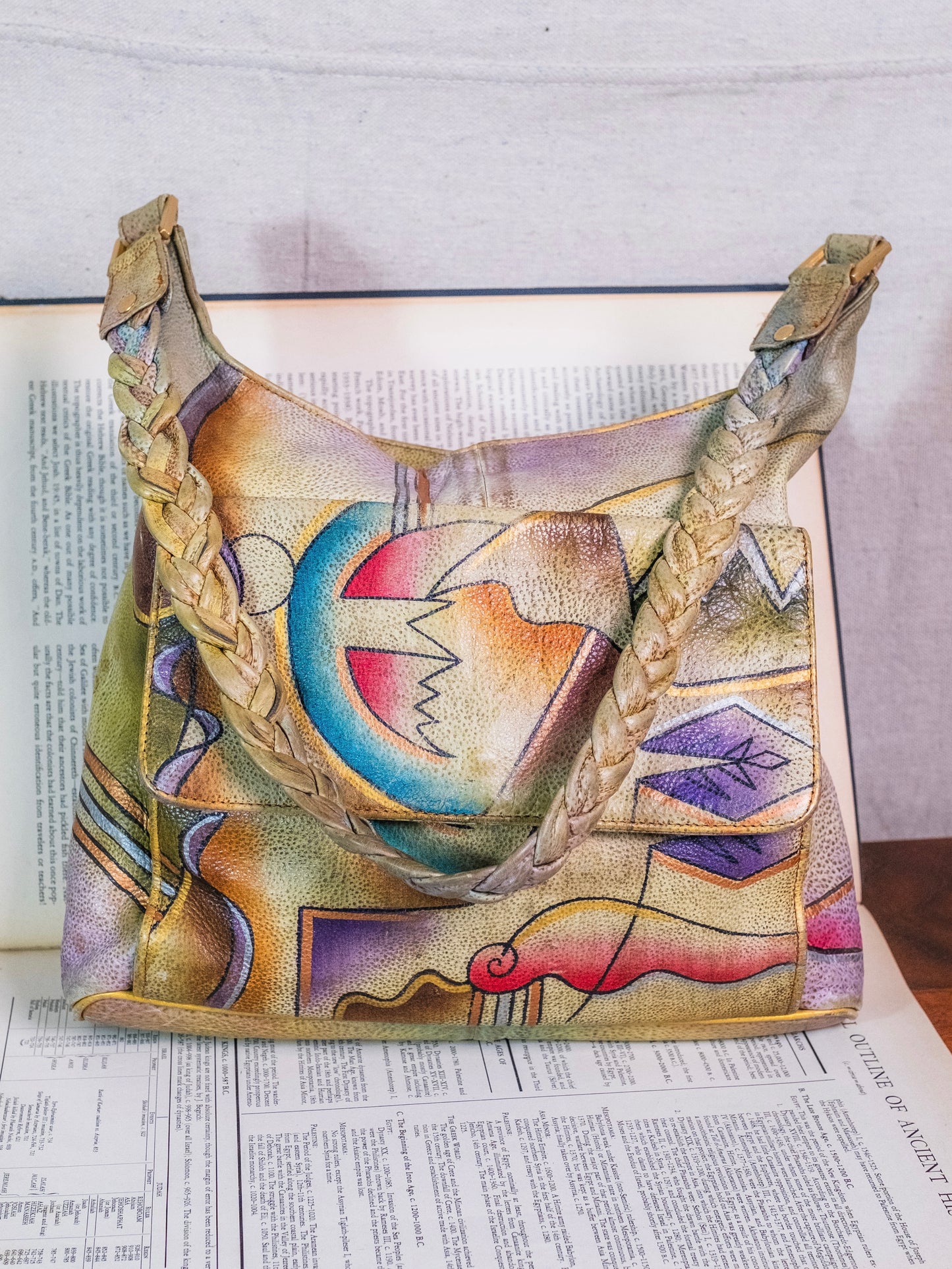 Vintage 1990s Southwestern Abstract Painted Leather Shoulder Bag