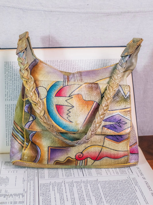 Vintage 1990s Southwestern Abstract Painted Leather Shoulder Bag