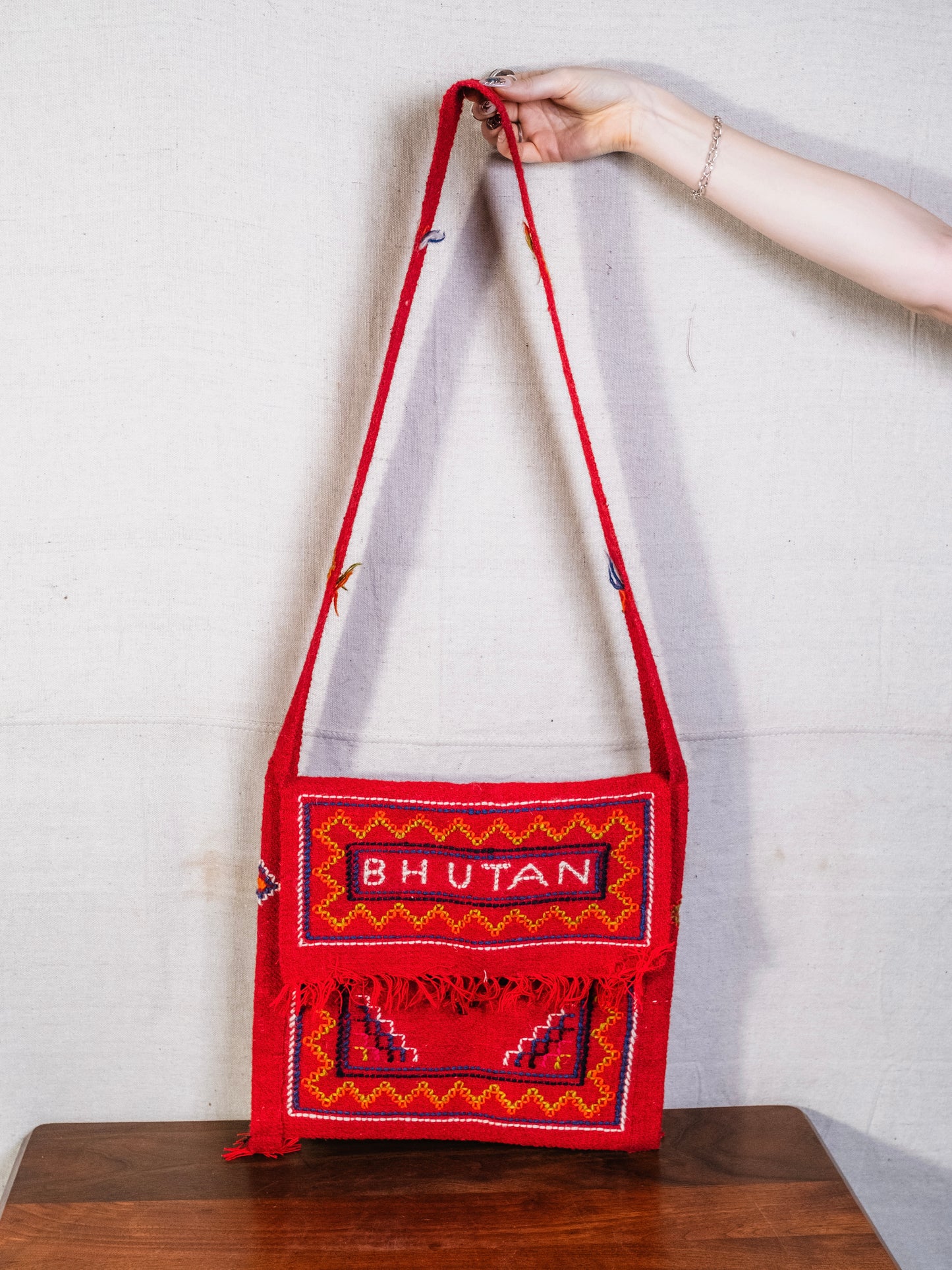 Vintage 1960s Bhutan Embroidered Red Woven Crossbody Bag