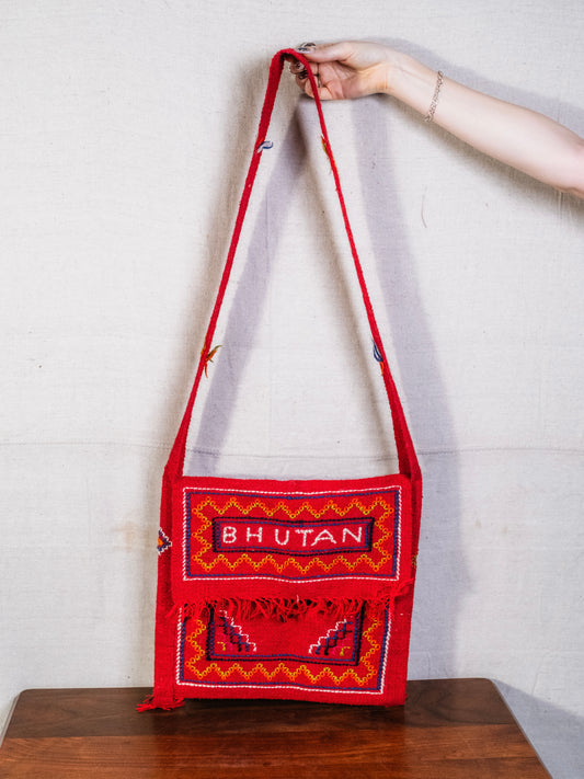 Vintage 1960s Bhutan Embroidered Red Woven Crossbody Bag