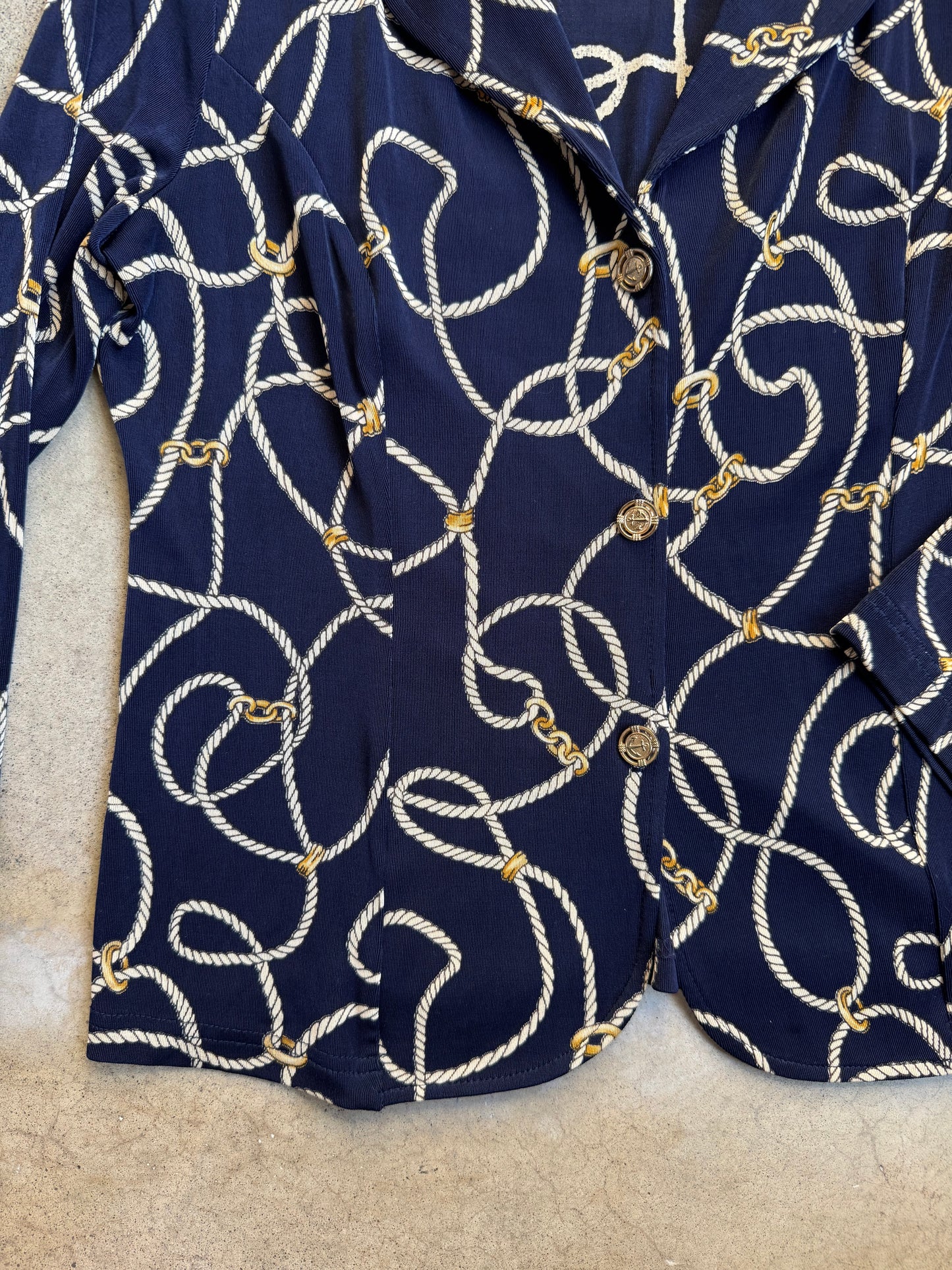 Vintage 1980s Navy Blue Nautical Rope Print Slinky Blouse | Medium