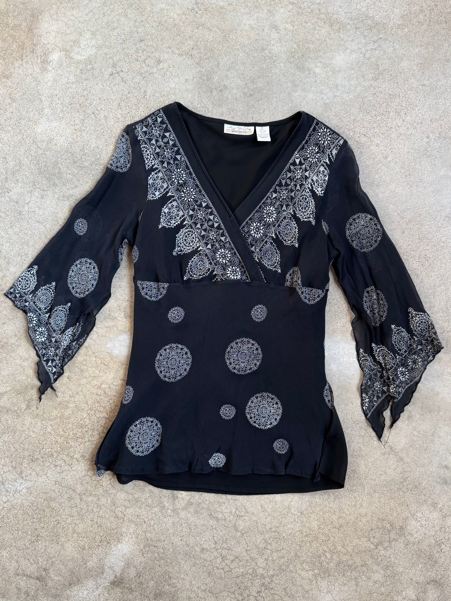 Vintage 1990s New York City Design Co. 100% Silk Black Patterned Blouse | Medium