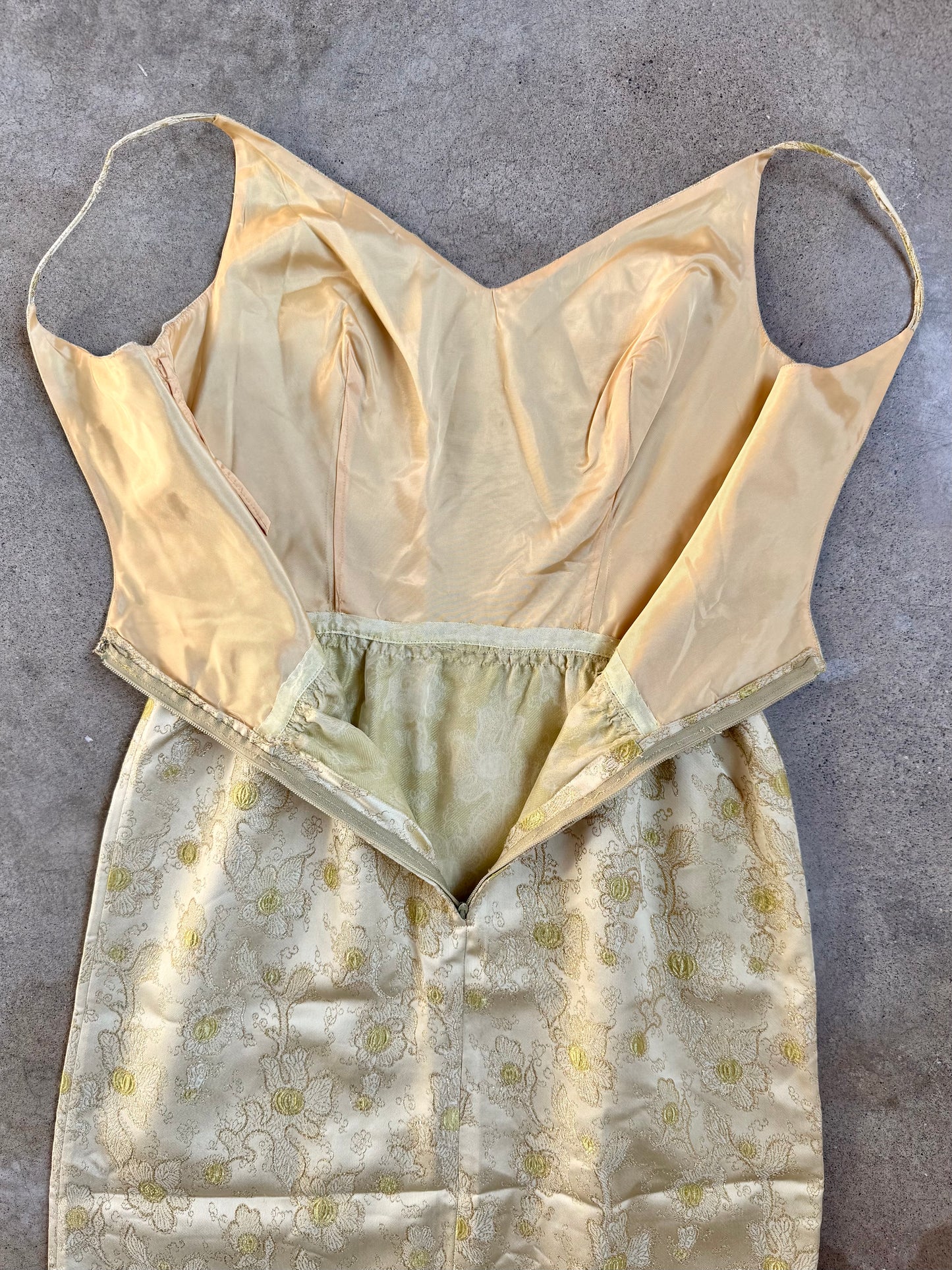 Vintage 1960s Gold Metallic Floral Jacquard Formal Dress | Medium