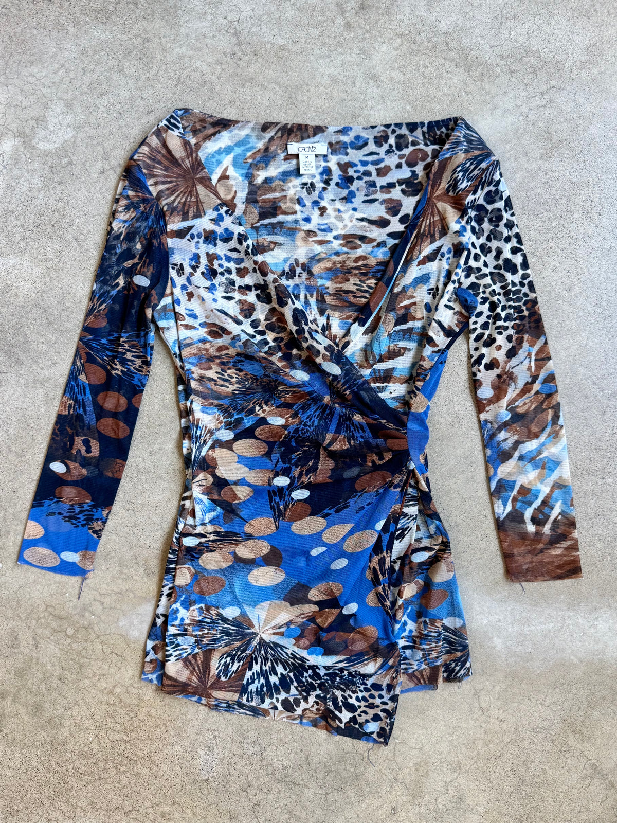 2000s Caché Blue Multi-Pattern Mesh Wrap Top | Medium