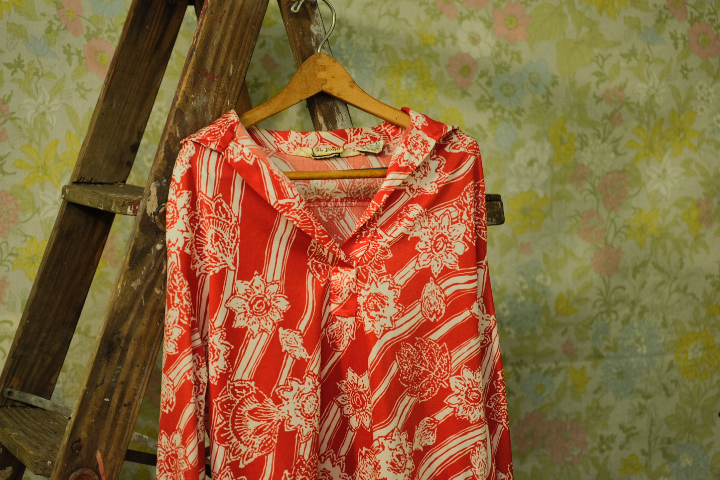 Vintage 1970s Andrew St. John Red Floral Polyester Disco Shirt