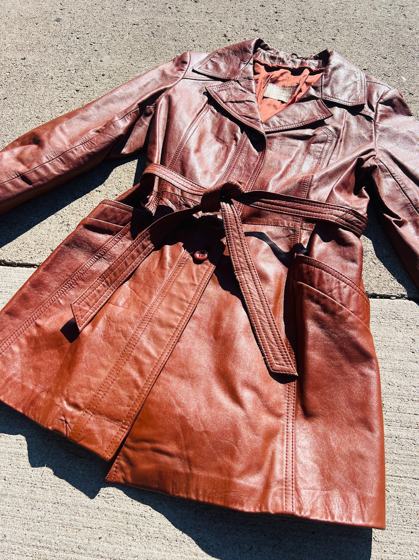 Vintage 1970s Cognac Brown Tie Waist Leather Jacket | M/L