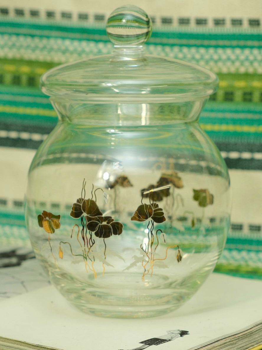 Vintage MCM Gold Flower Motif Glass Cookie Jar