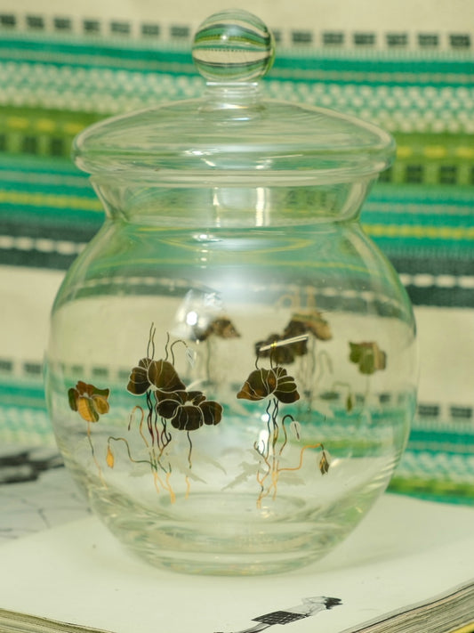 Vintage MCM Gold Flower Motif Glass Cookie Jar