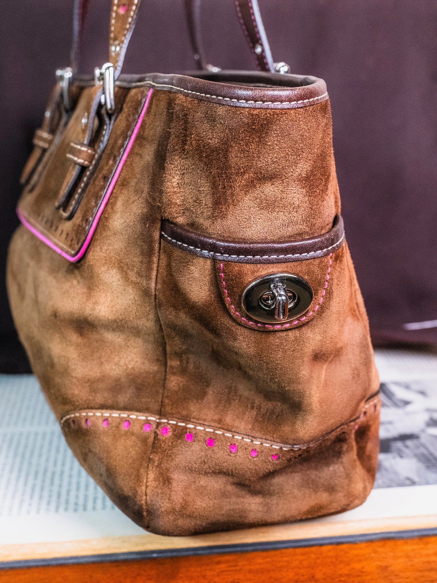 2000s Coach Brown & Pink Suede Leather Tote & Wristlet Set
