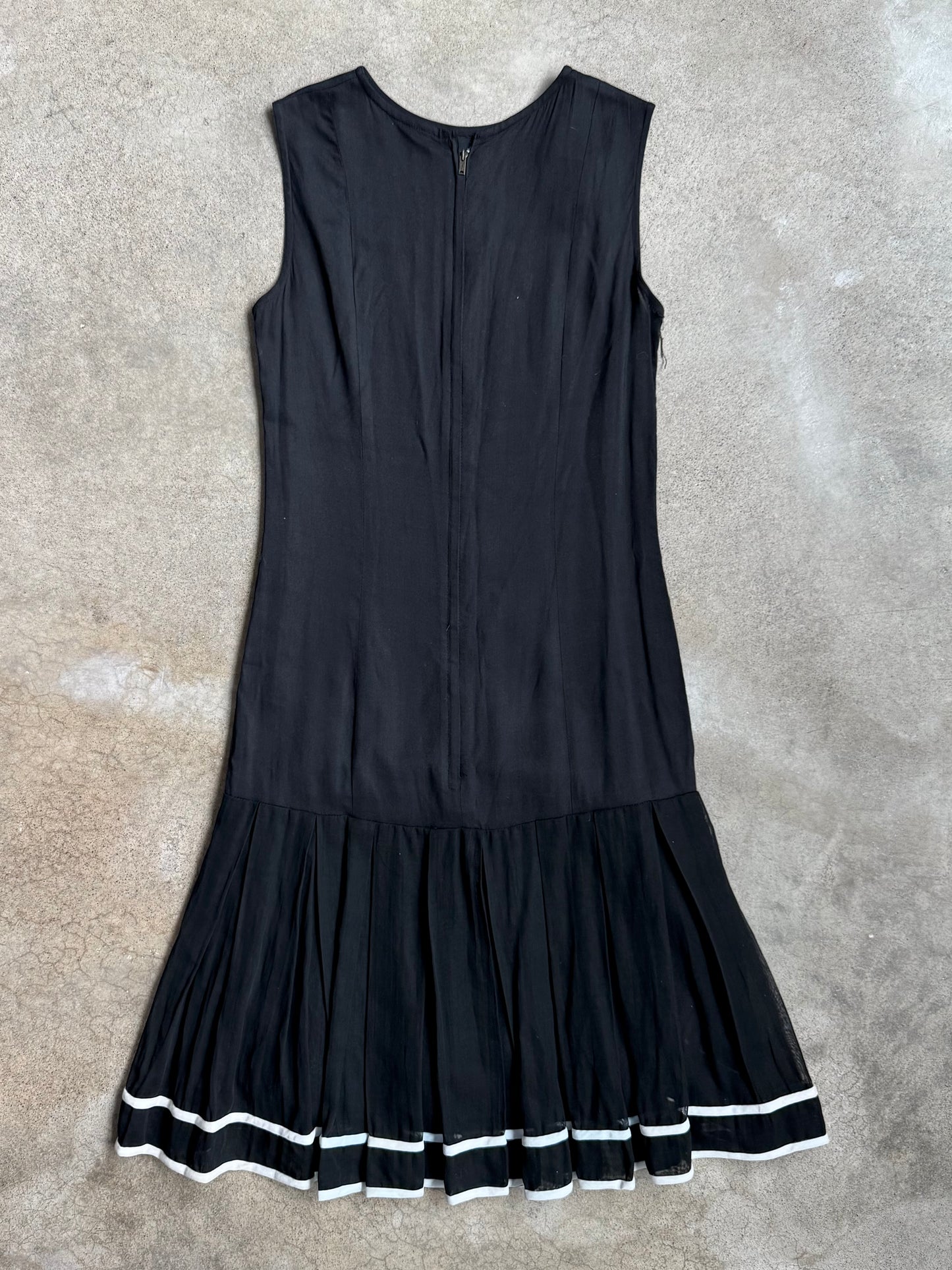 Vintage 1960s Sophisticates Black Drop Waist Pleated Dress w/ Flower Pin | XS