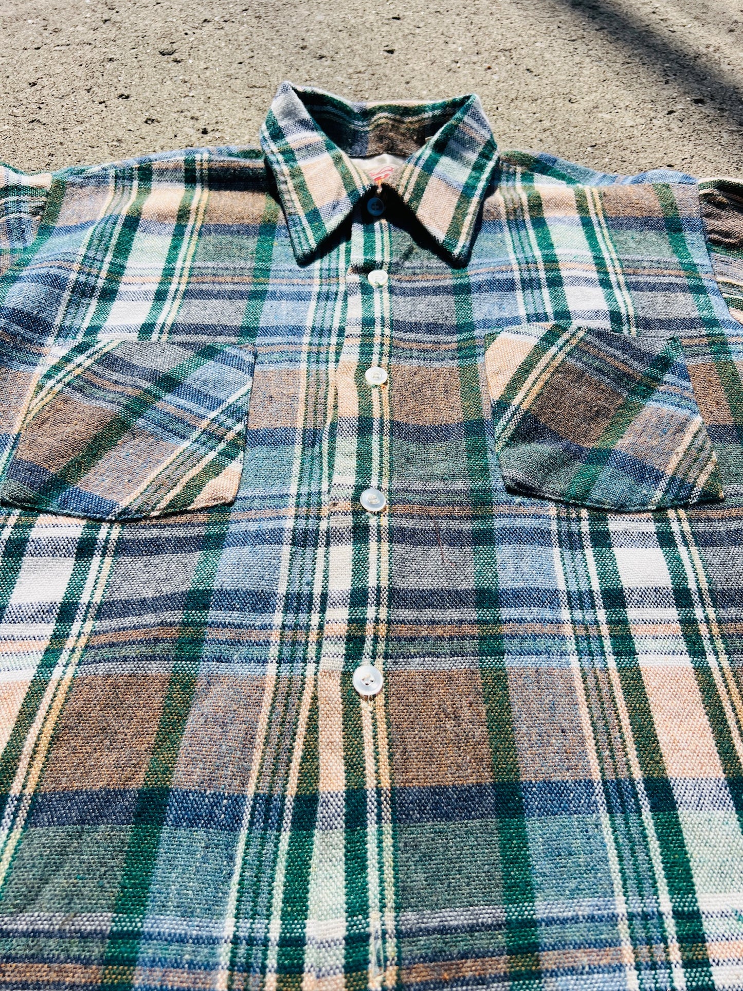 Vintage 1970s Country Squire Plaid Woven Acrylic Button-Up Shirt | Large