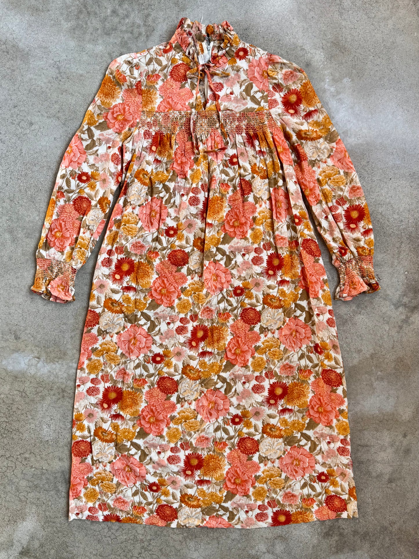 Vintage 1960s Orange Floral Smocked Long Sleeve Midi Dress | XS/S