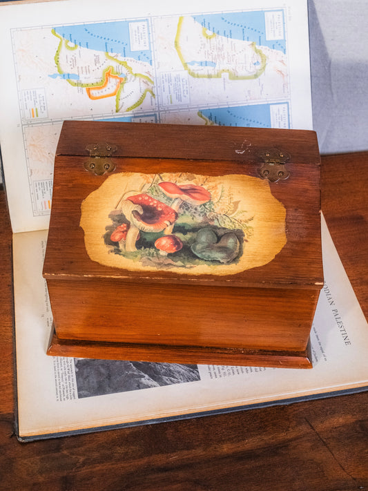 Vintage 1960s Mushroom Printed Curved Lid Wooden Keepsake Box