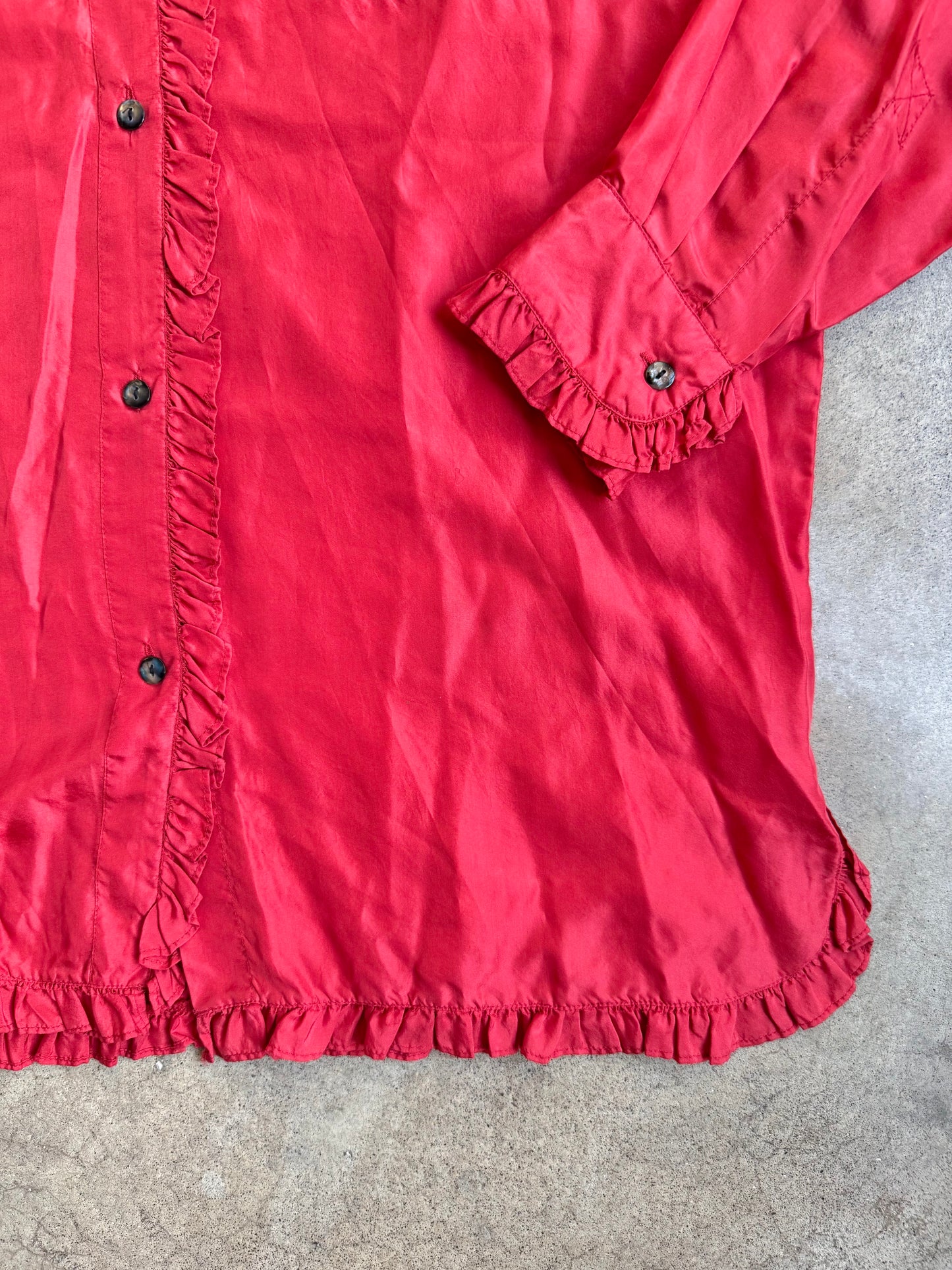 Vintage 1980s Robert Stock Limited Red Silk Frilled Trim Blouse | Large