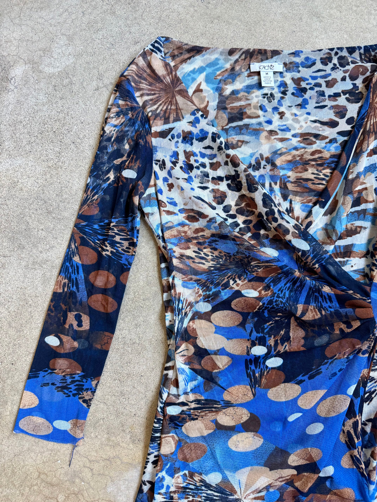 2000s Caché Blue Multi-Pattern Mesh Wrap Top | Medium