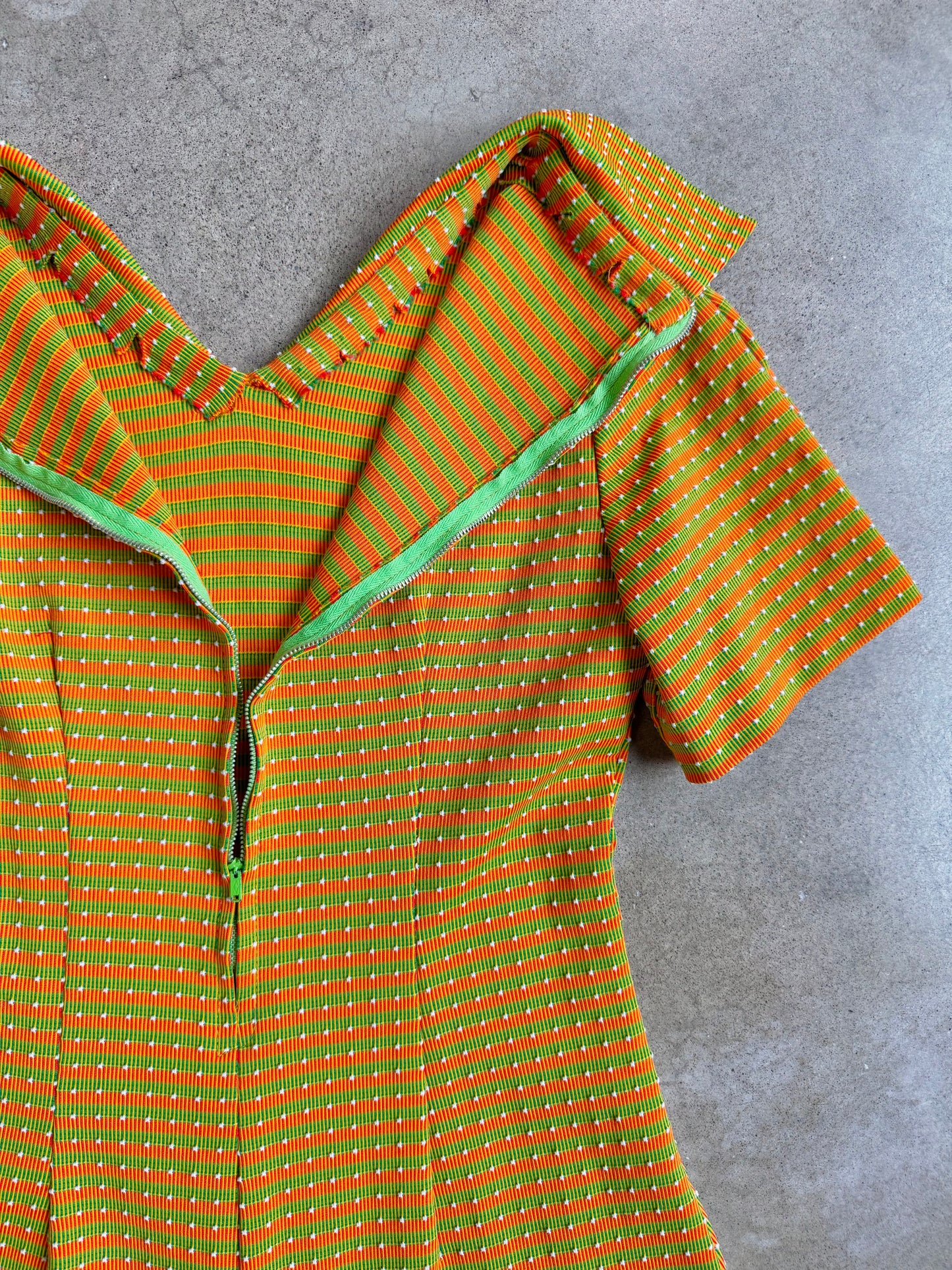 Vintage 1960s Handmade Orange & Green Striped Collared Midi Dress | Small