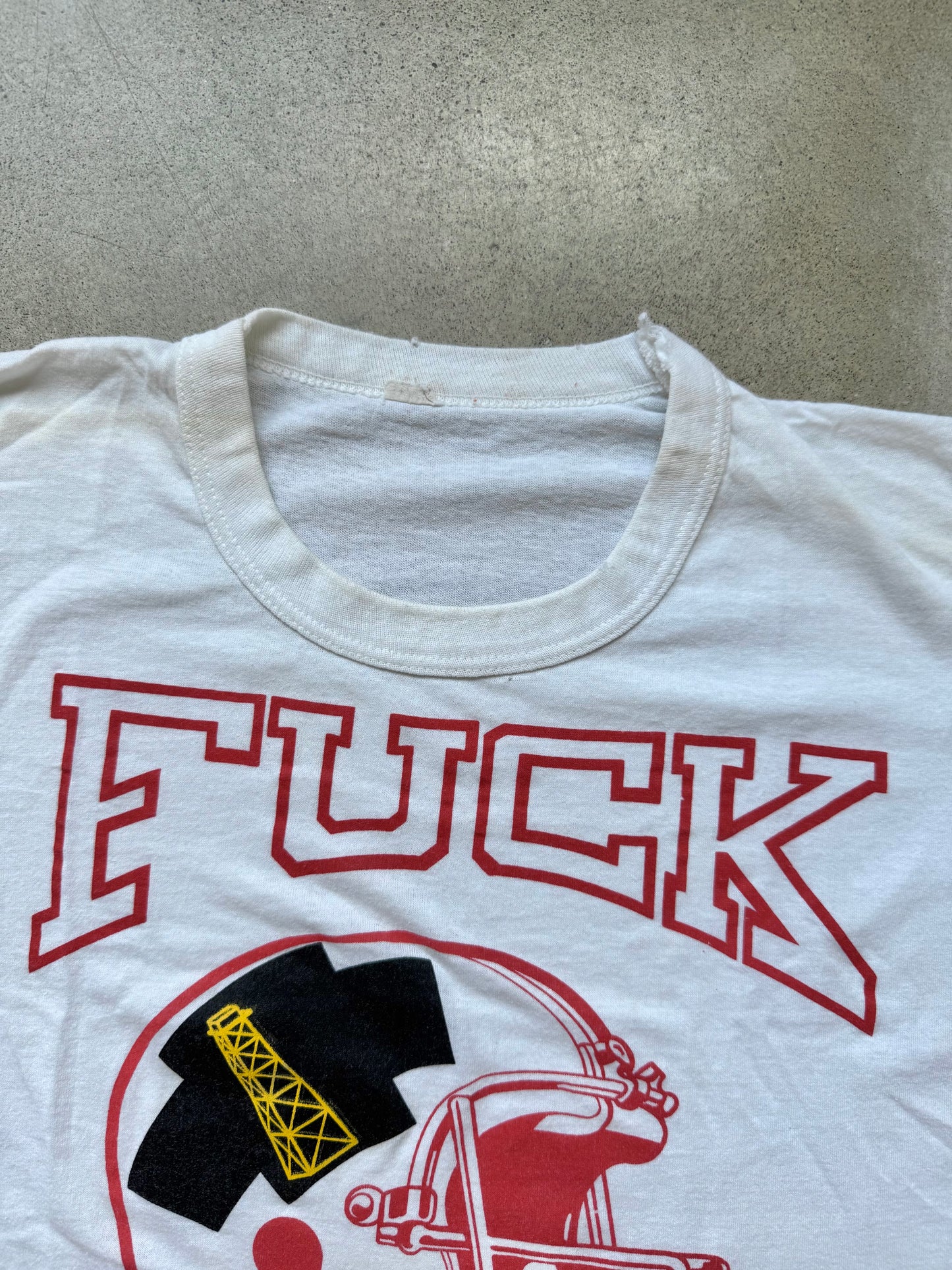 Vintage 1980s White Cropped “F*** Houston” Football Graphic Tee | Large