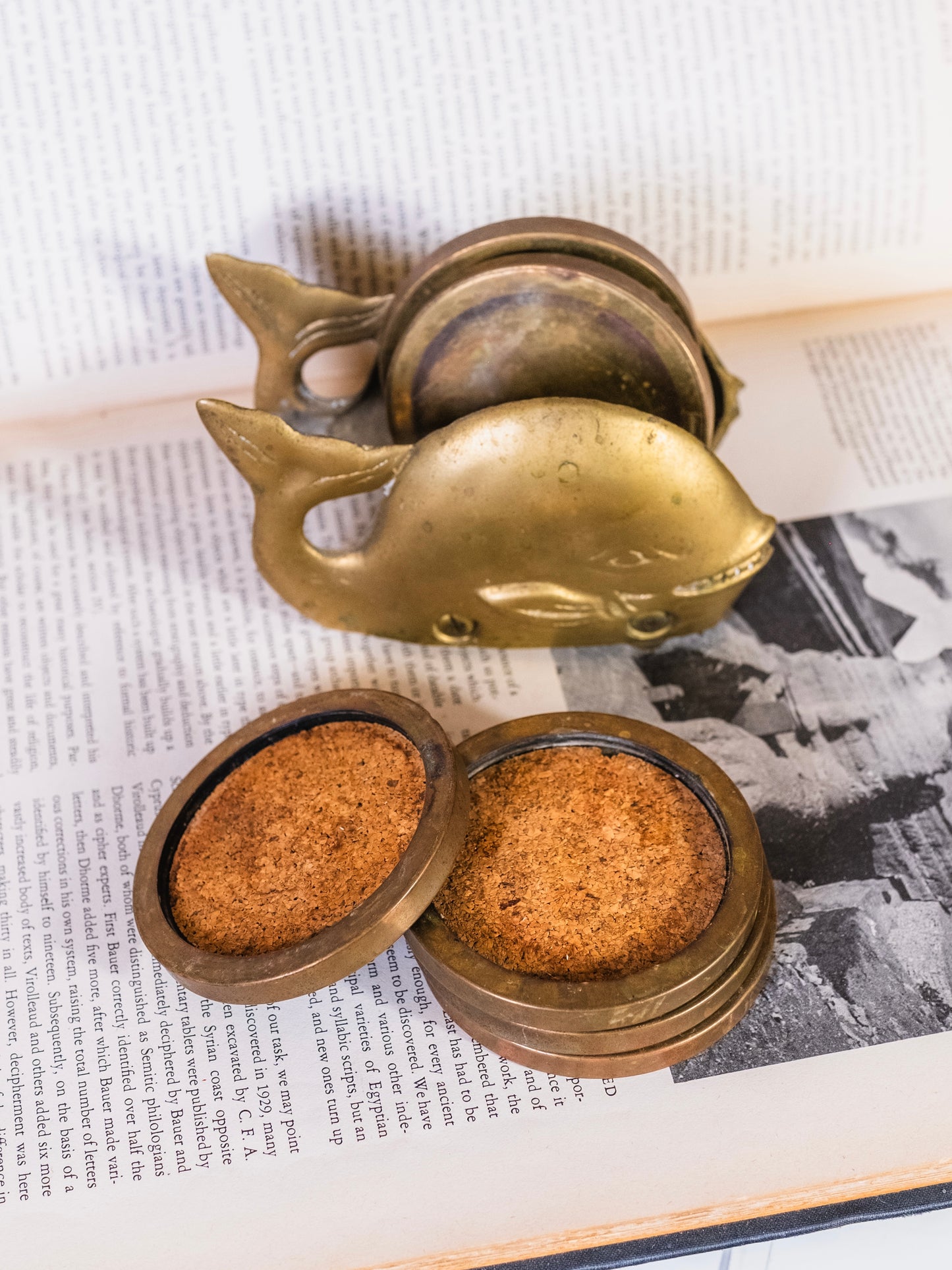 Vintage 1980s Penco Brass Whale Coaster Holder | Set of 6 Coasters