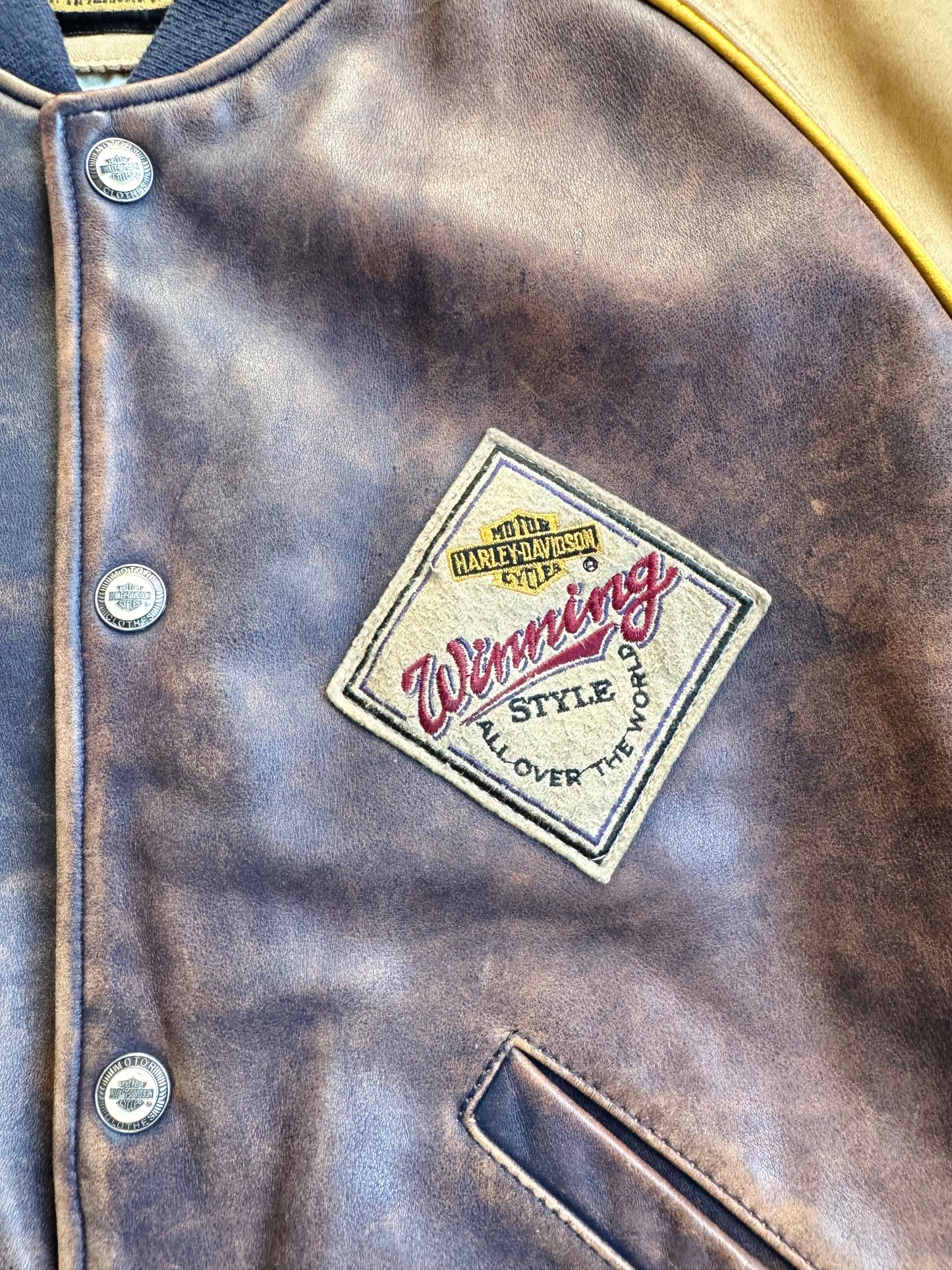 Vintage 1990s Harley Davidson Grand National Champion Leather Bomber Jacket | Medium