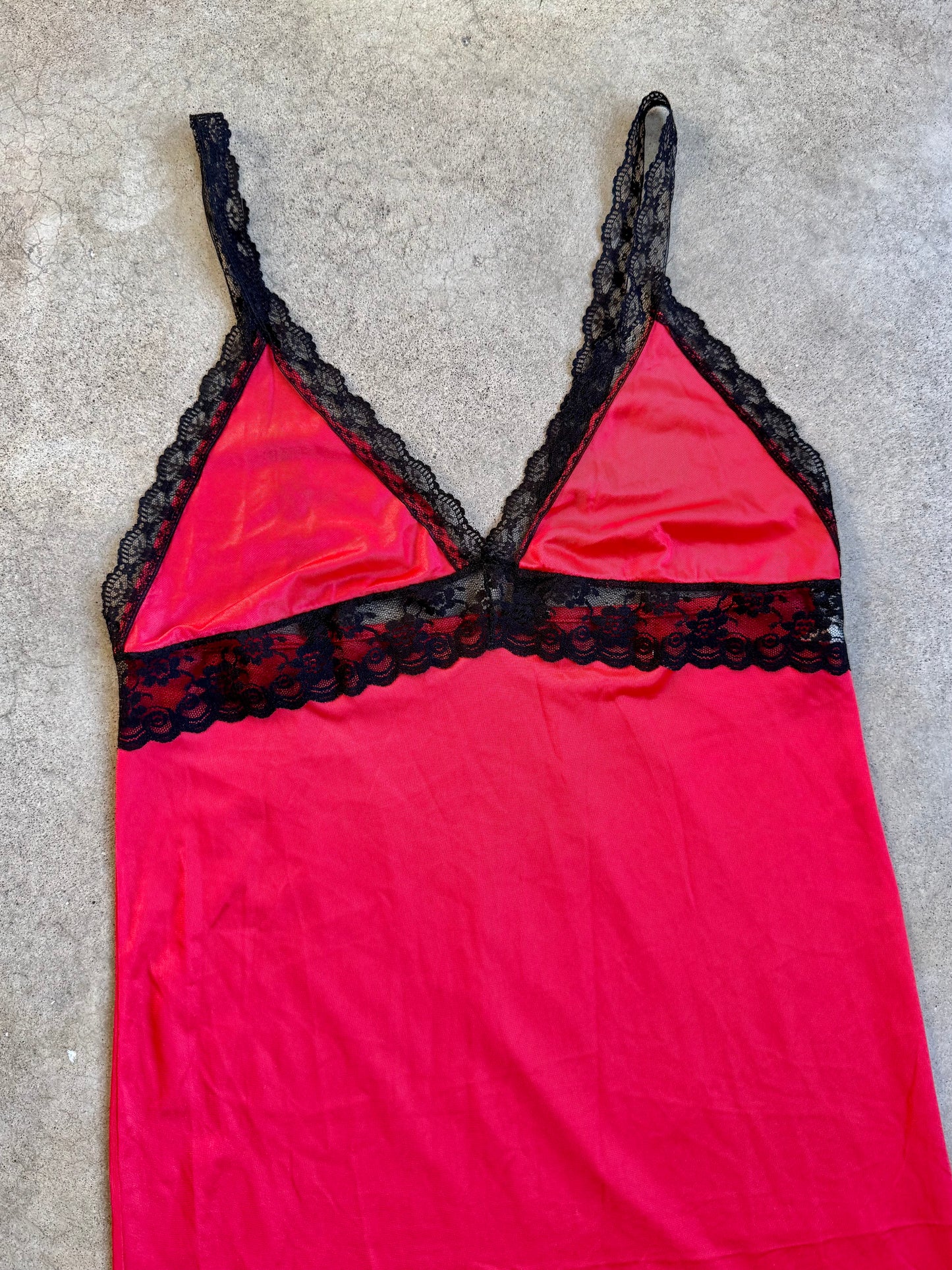 Vintage 1970s By Beverly Red & Black Lace Trim Maxi Slip Dress | Small