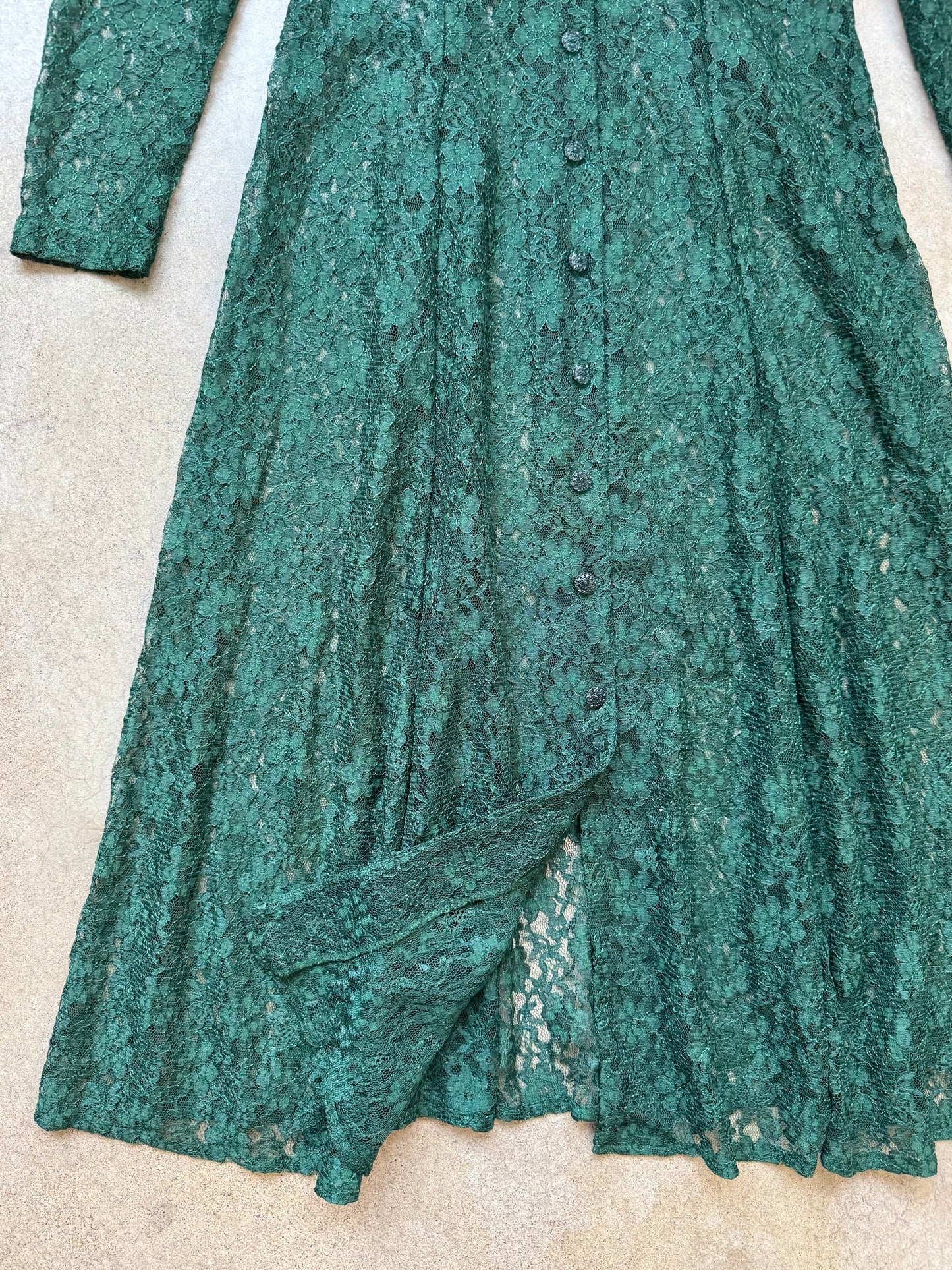Vintage 1980s Dana Scott Green Floral Lace Button-Front Long Sleeve Maxi Dress | Medium