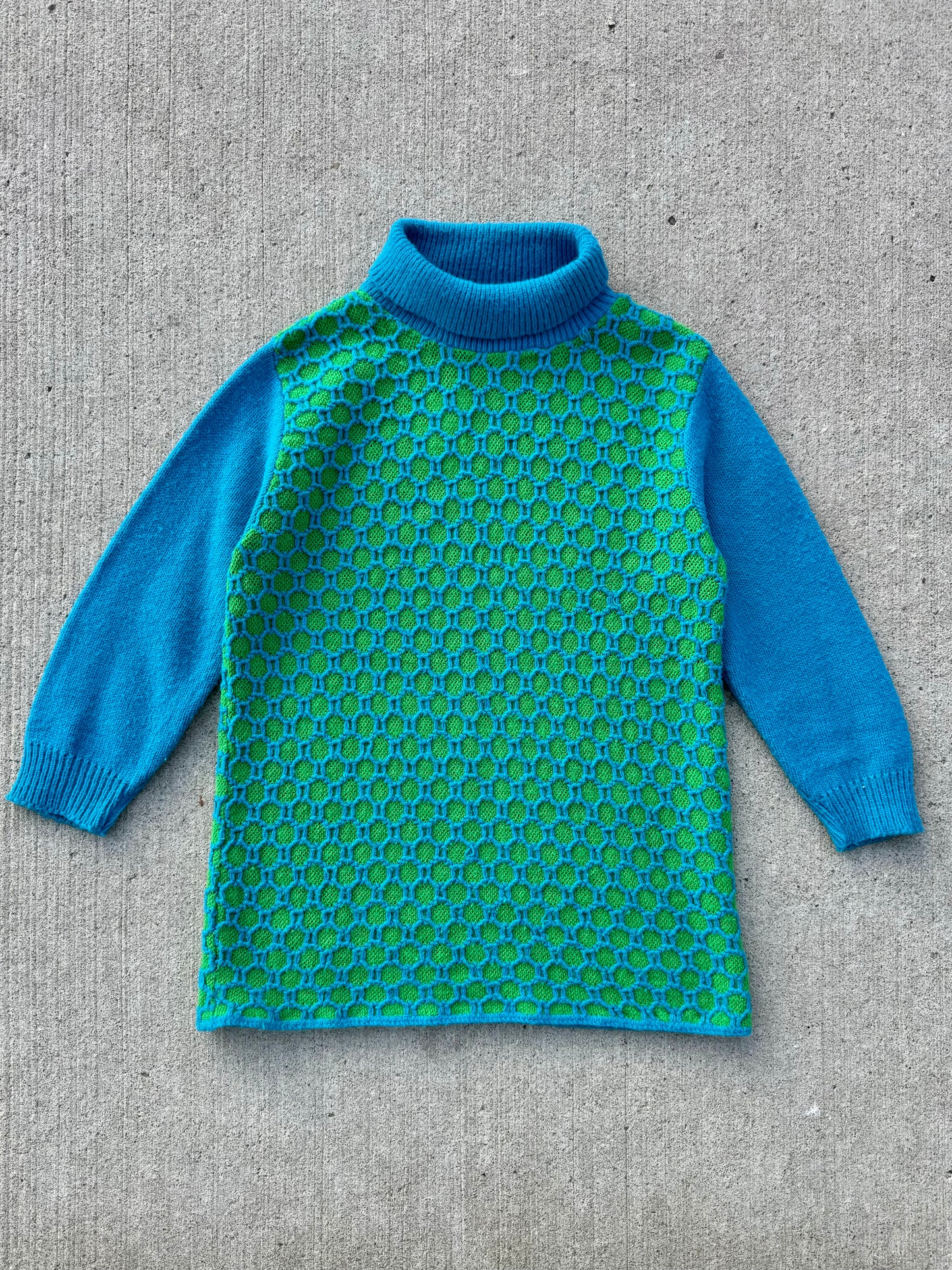 Vintage 1960s Beeline Blue & Green Textured Knit Turtleneck | Small