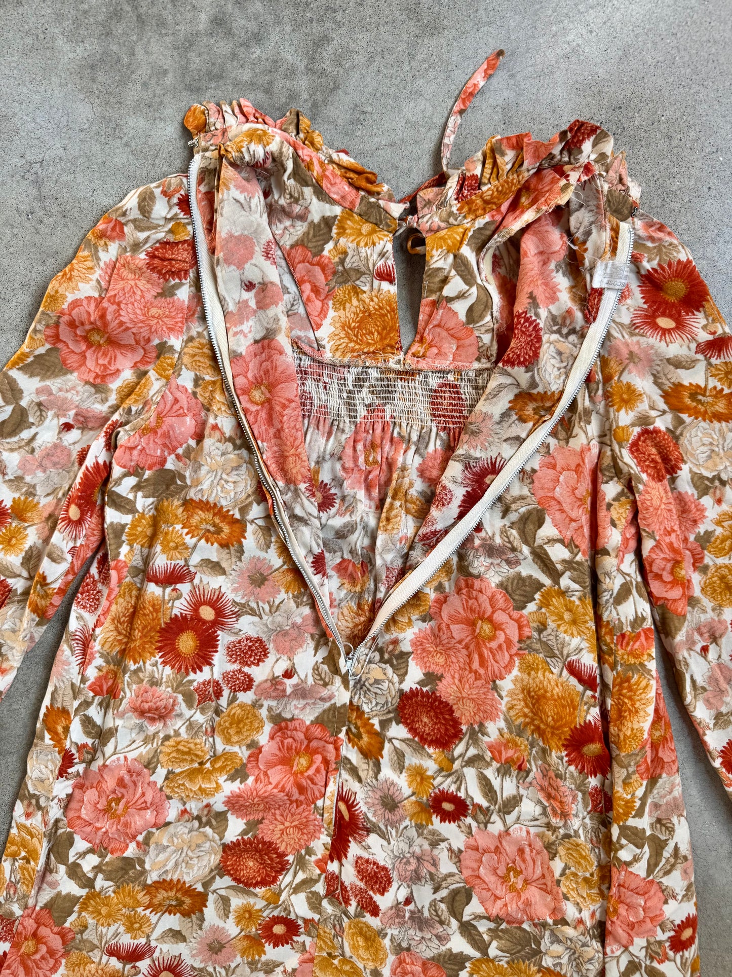 Vintage 1960s Orange Floral Smocked Long Sleeve Midi Dress | XS/S