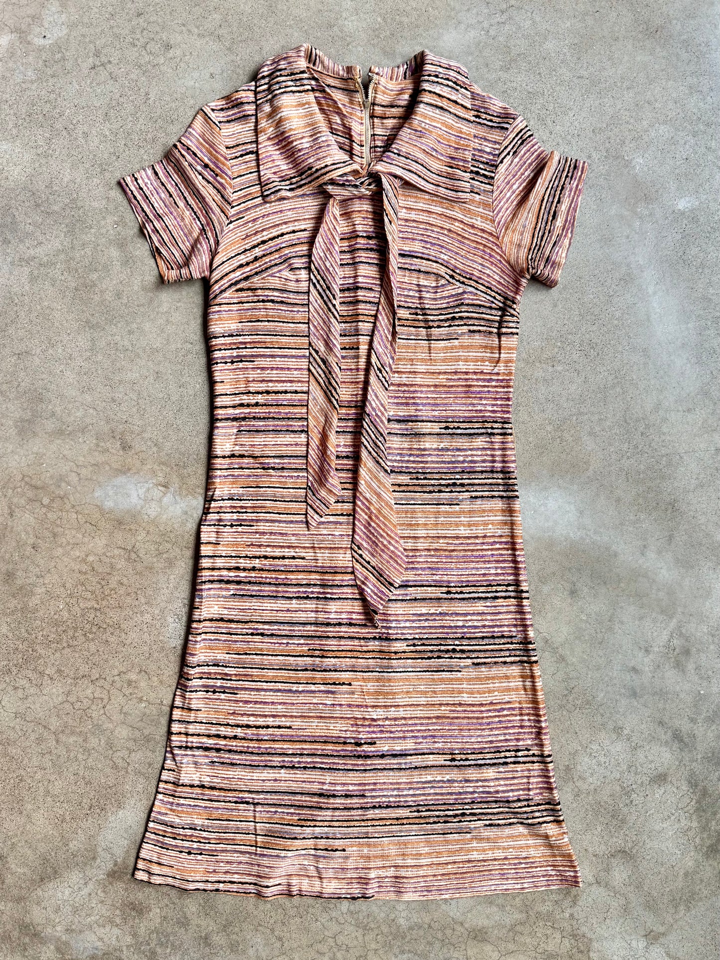 Vintage 1940s Multi-Color Abstract Stripe Collared Tie-Neck Dress | Small