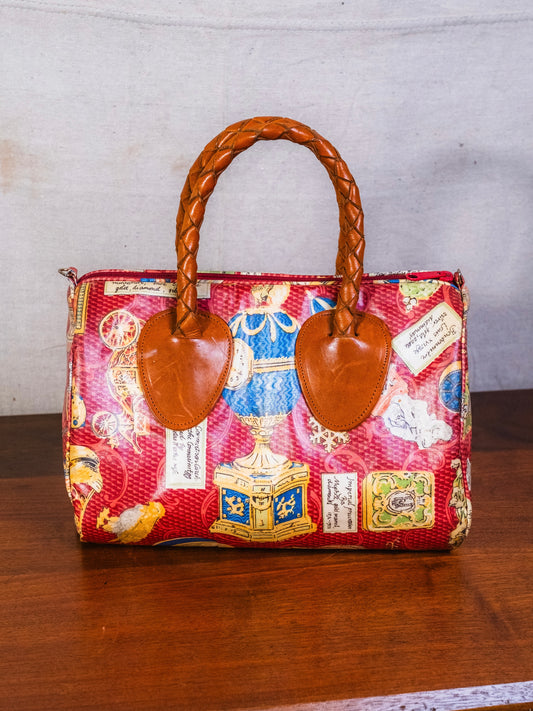 Vintage 1980s Nordic House Designs Old World Pattern Braided Handle Bag