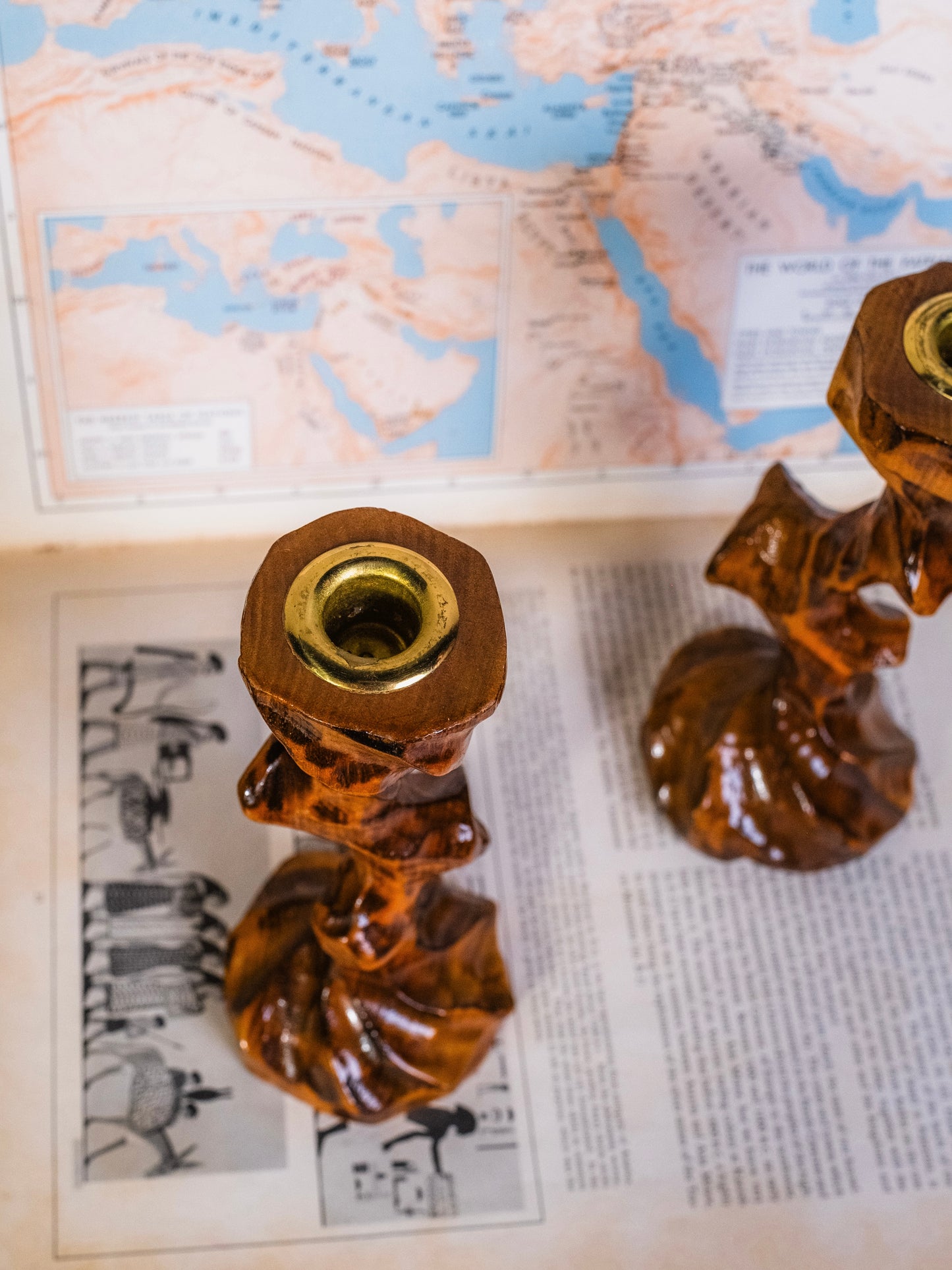 Vintage Hand-Carved Twisted Wood Candlestick Holders | Set of 2